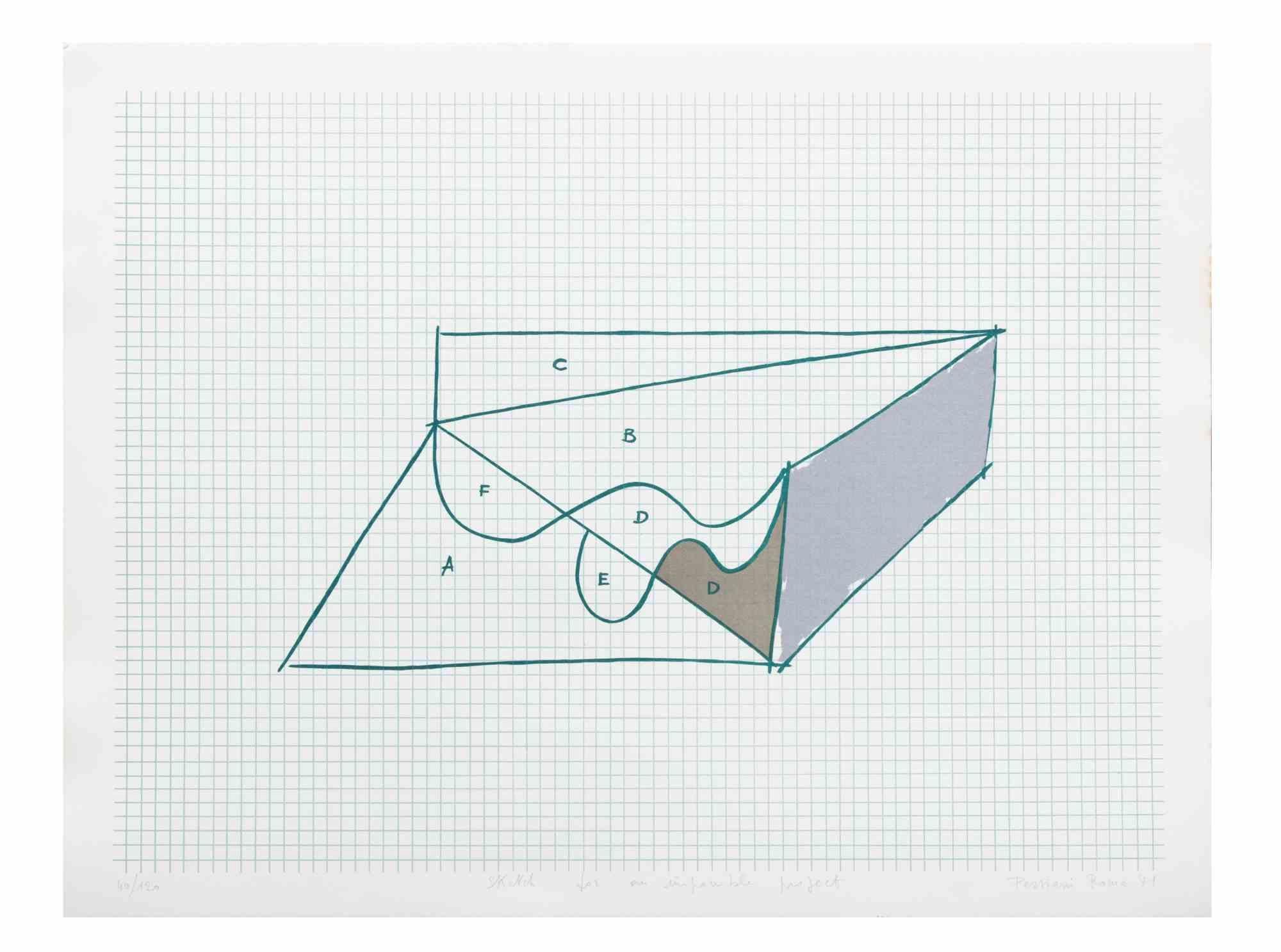 Sketch for an Impossible Project - Lithograph by Costantino Persiani - 1971