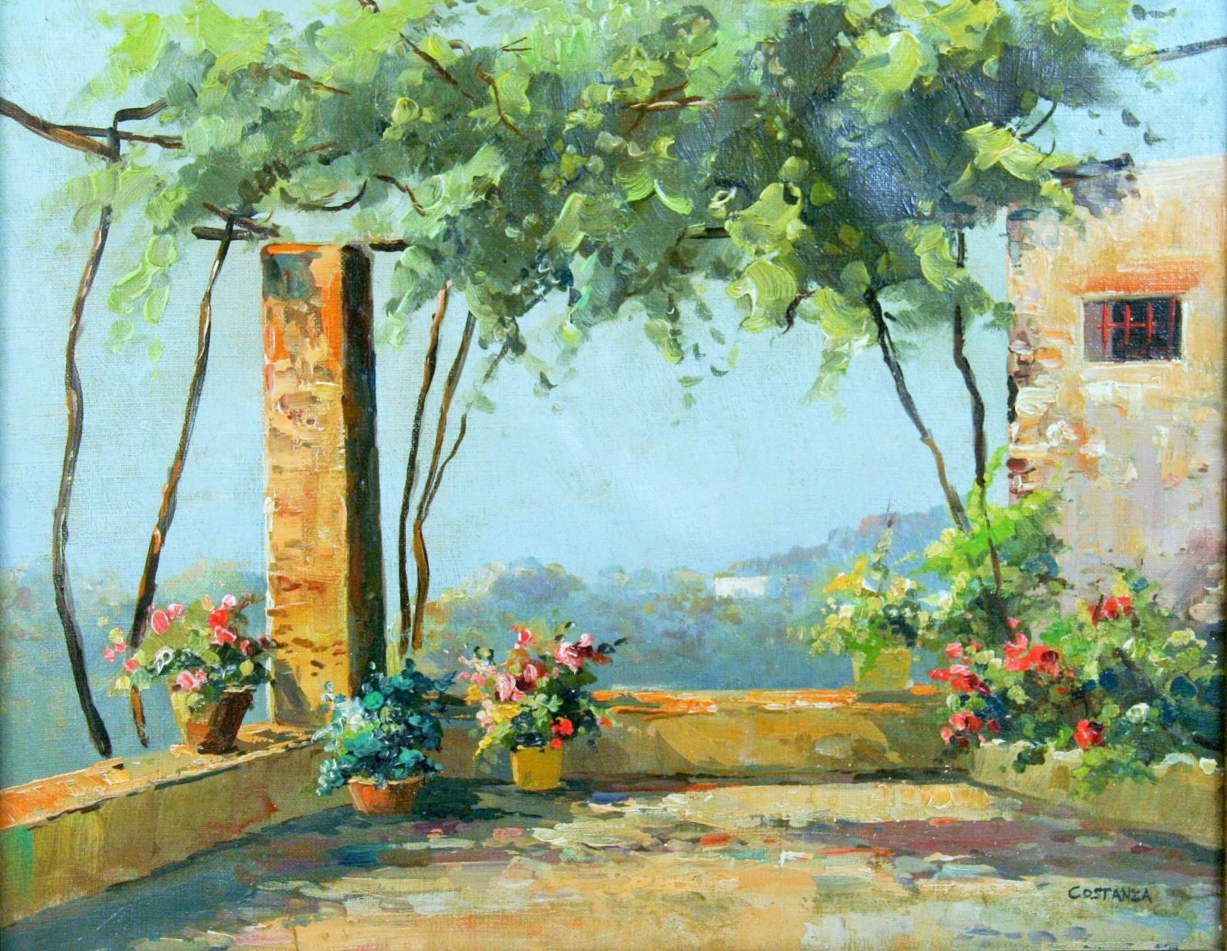 Antique Impressionist Capri Italy Terrace Landscape 1940's - Painting by Costanza