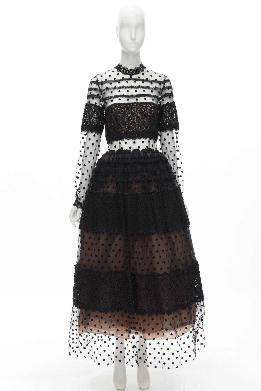 COSTARELLOS black polka dot devore embroidery trim tulle gown dress FR38 M 7