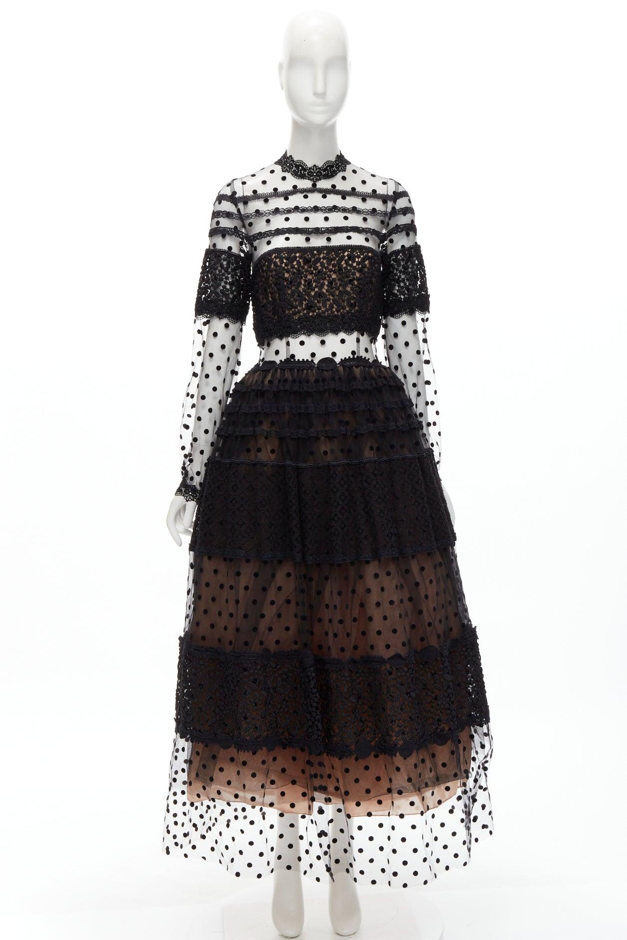 COSTARELLOS black polka dot devore embroidery trim tulle gown dress FR38 M 6