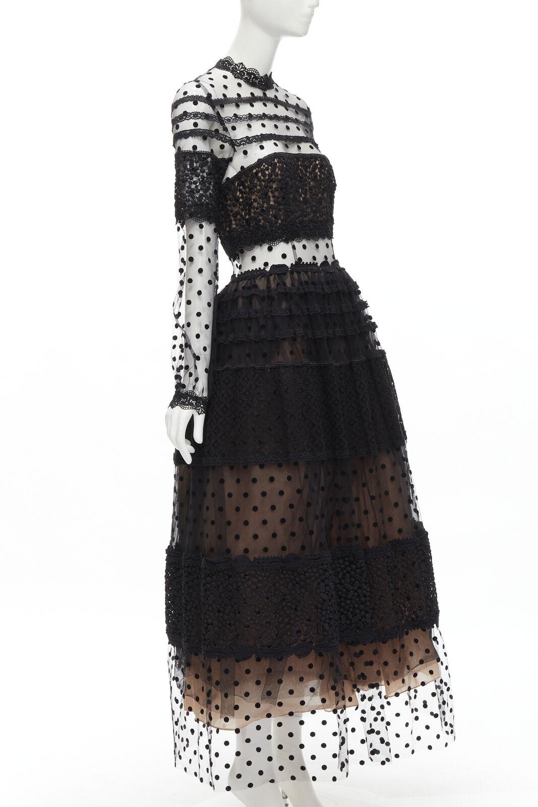 COSTARELLOS black polka dot devore embroidery trim tulle gown dress FR38 M In Good Condition In Hong Kong, NT