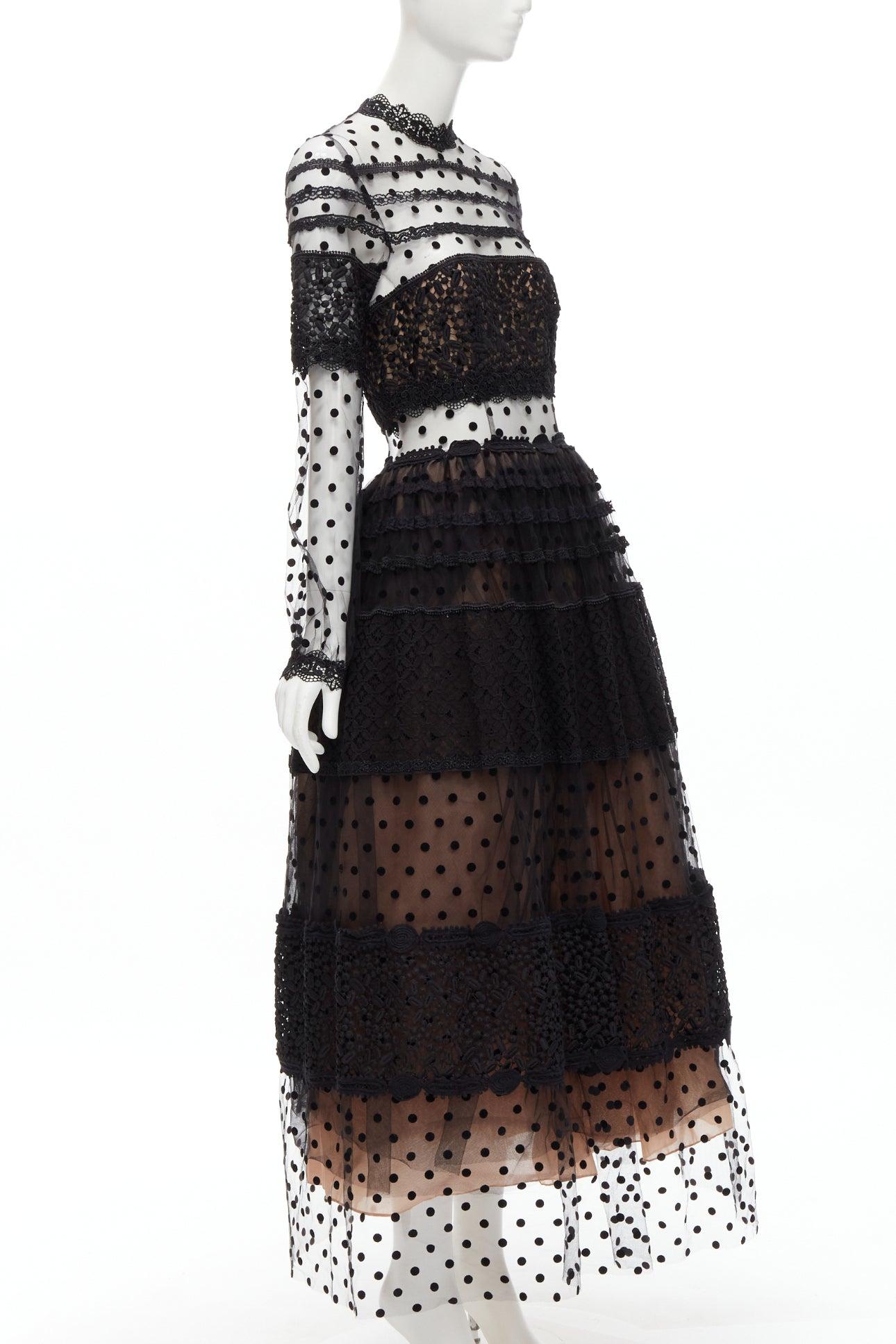 Black COSTARELLOS black polka dot devore embroidery trim tulle gown dress FR38 M