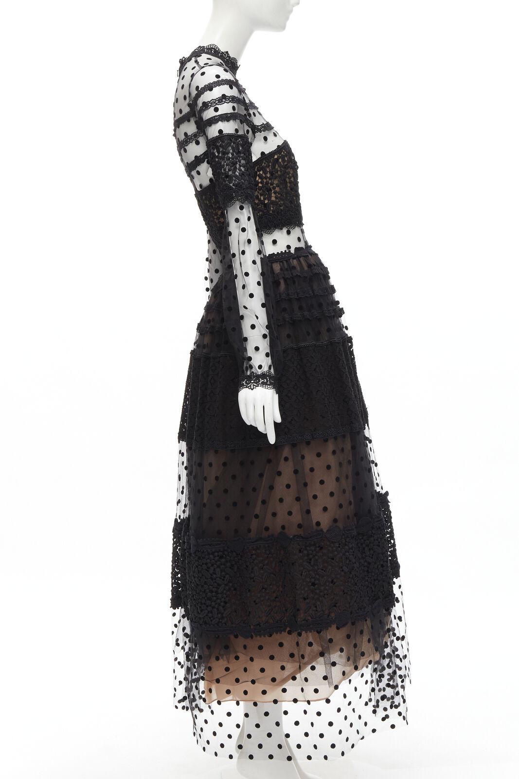 Women's COSTARELLOS black polka dot devore embroidery trim tulle gown dress FR38 M