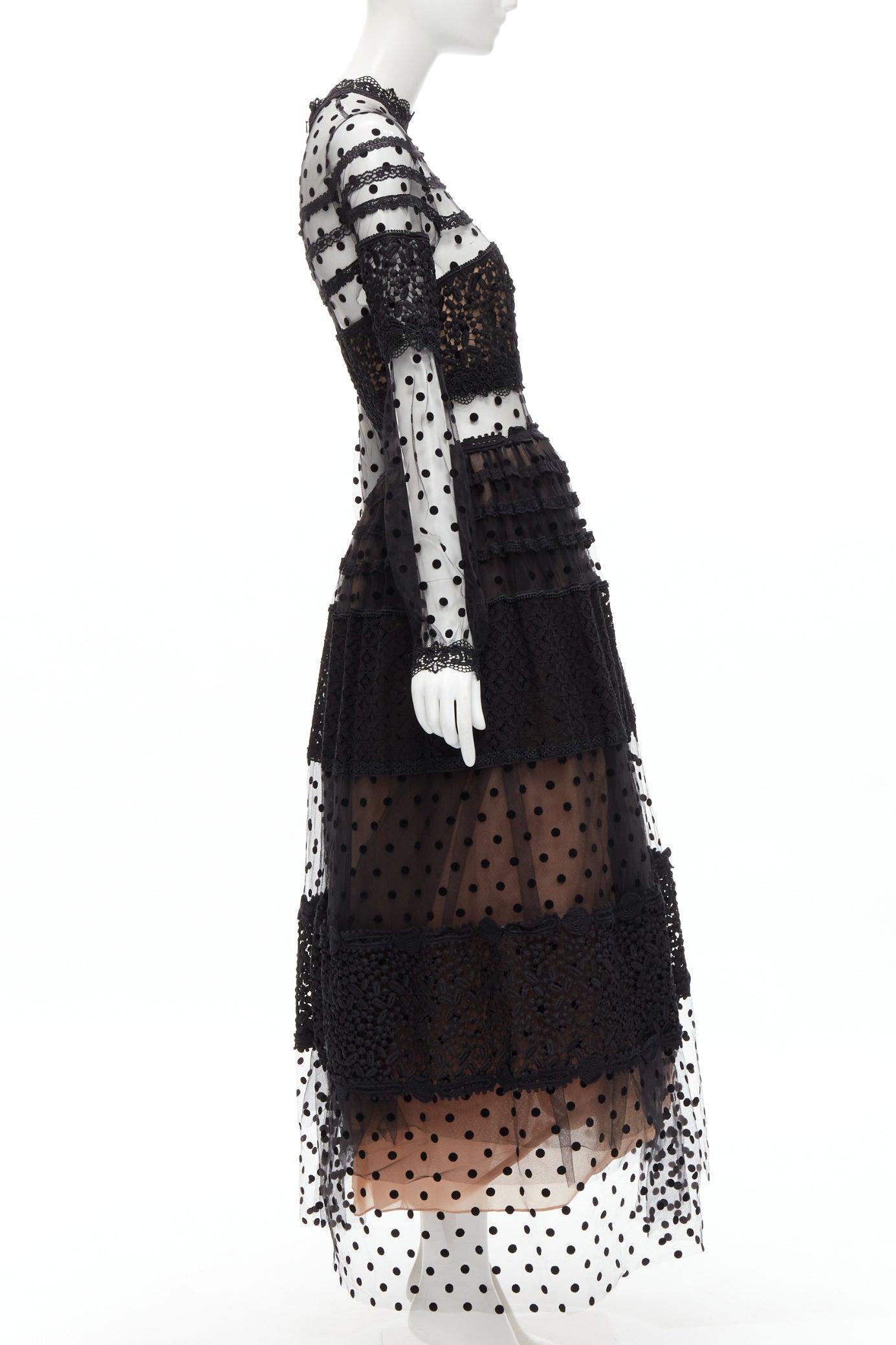 COSTARELLOS black polka dot devore embroidery trim tulle gown dress FR38 M In Good Condition In Hong Kong, NT