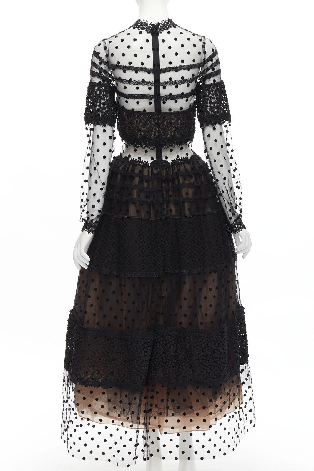 COSTARELLOS black polka dot devore embroidery trim tulle gown dress FR38 M 1
