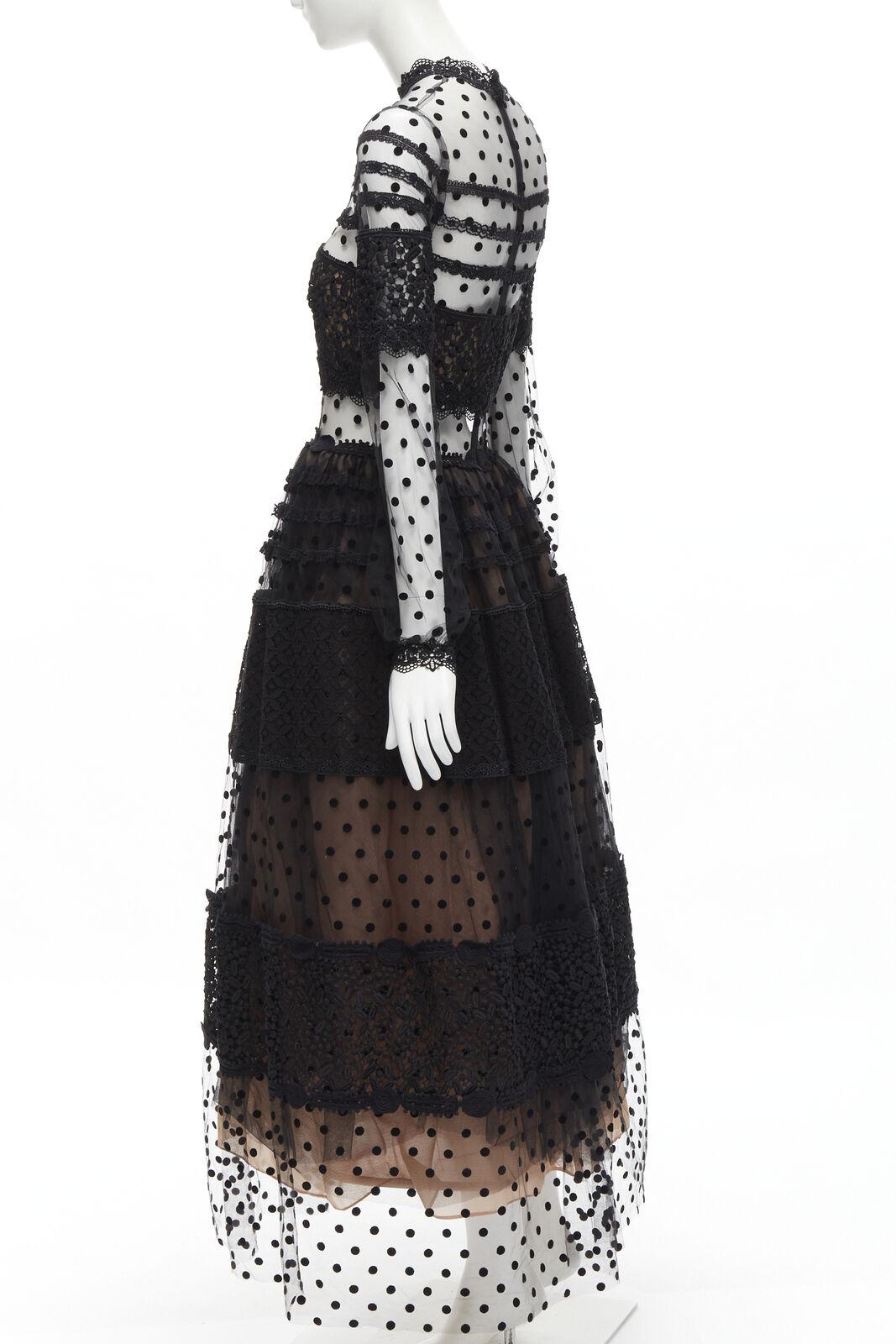 COSTARELLOS black polka dot devore embroidery trim tulle gown dress FR38 M 2