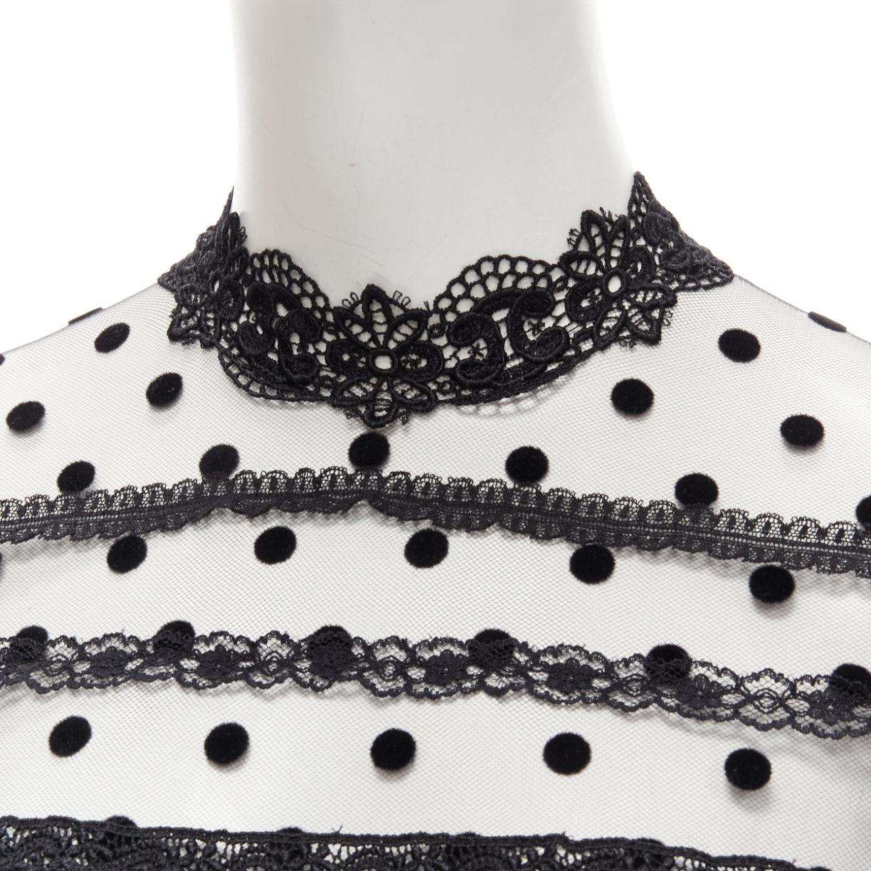 COSTARELLOS black polka dot devore embroidery trim tulle gown dress FR38 M 2