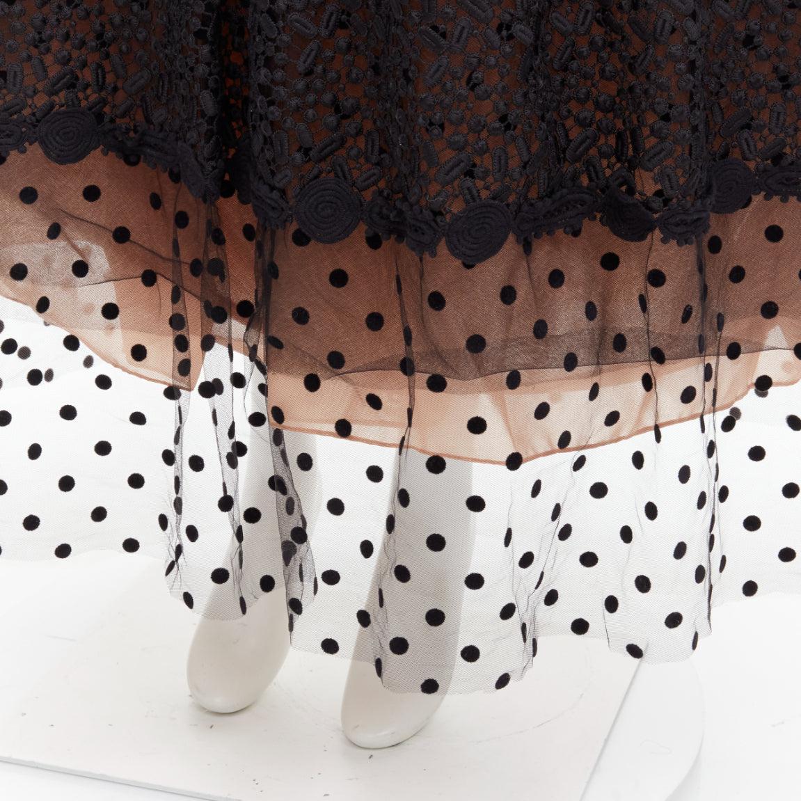 COSTARELLOS black polka dot devore embroidery trim tulle gown dress FR38 M 3
