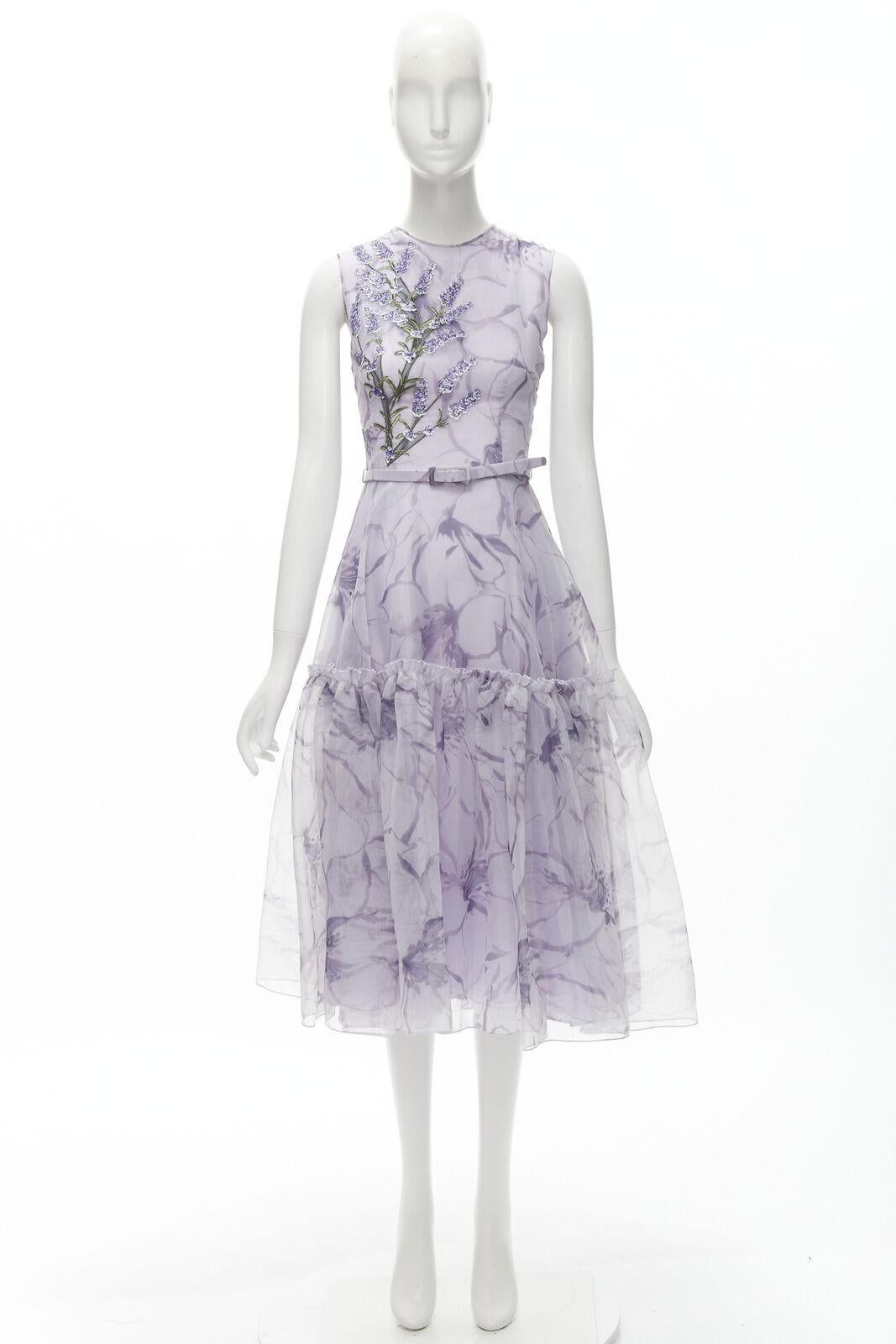 COSTARELLOS lilac purple lavender embroidery belted midi dress FR34 XS For Sale 4