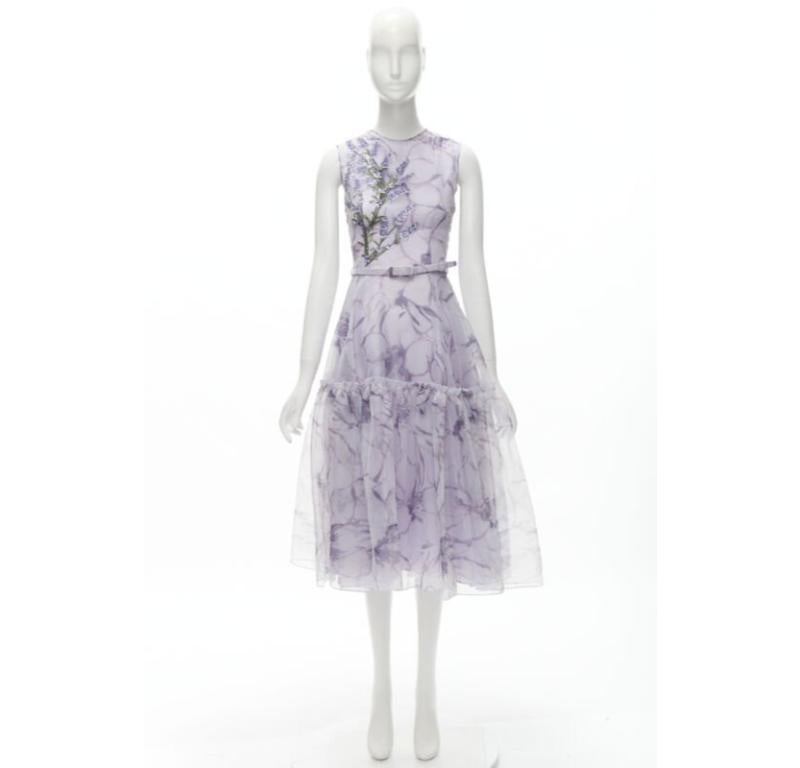 COSTARELLOS lilac purple lavender embroidery belted midi dress FR34 XS 6