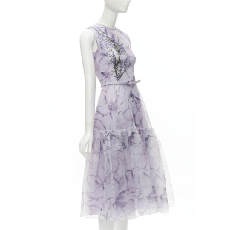 COSTARELLOS lilac purple lavender embroidery belted midi dress FR34 XS In Excellent Condition In Hong Kong, NT