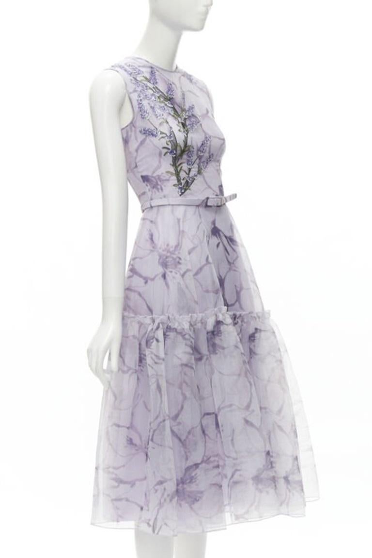Purple COSTARELLOS lilac purple lavender embroidery belted midi dress FR34 XS