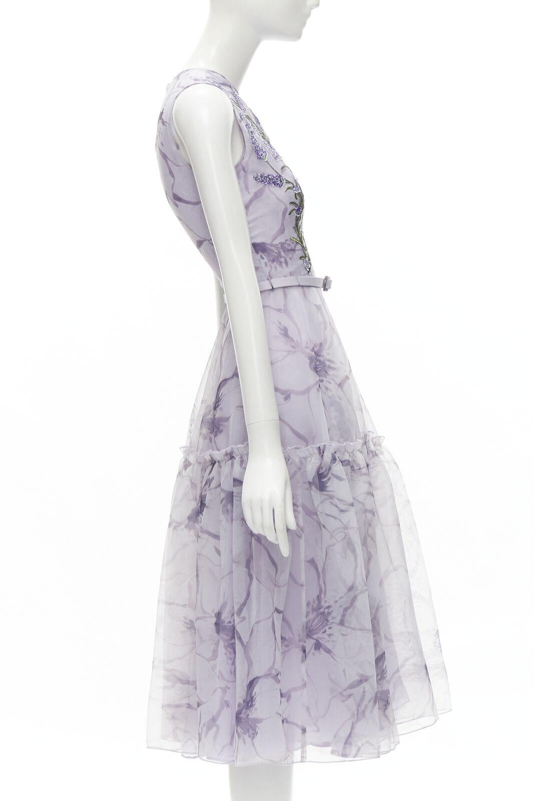 Purple COSTARELLOS lilac purple lavender embroidery belted midi dress FR34 XS For Sale