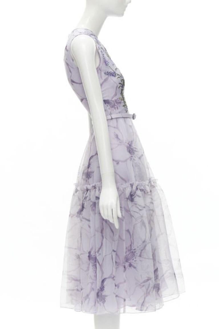 COSTARELLOS lilac purple lavender embroidery belted midi dress FR34 XS In Excellent Condition In Hong Kong, NT