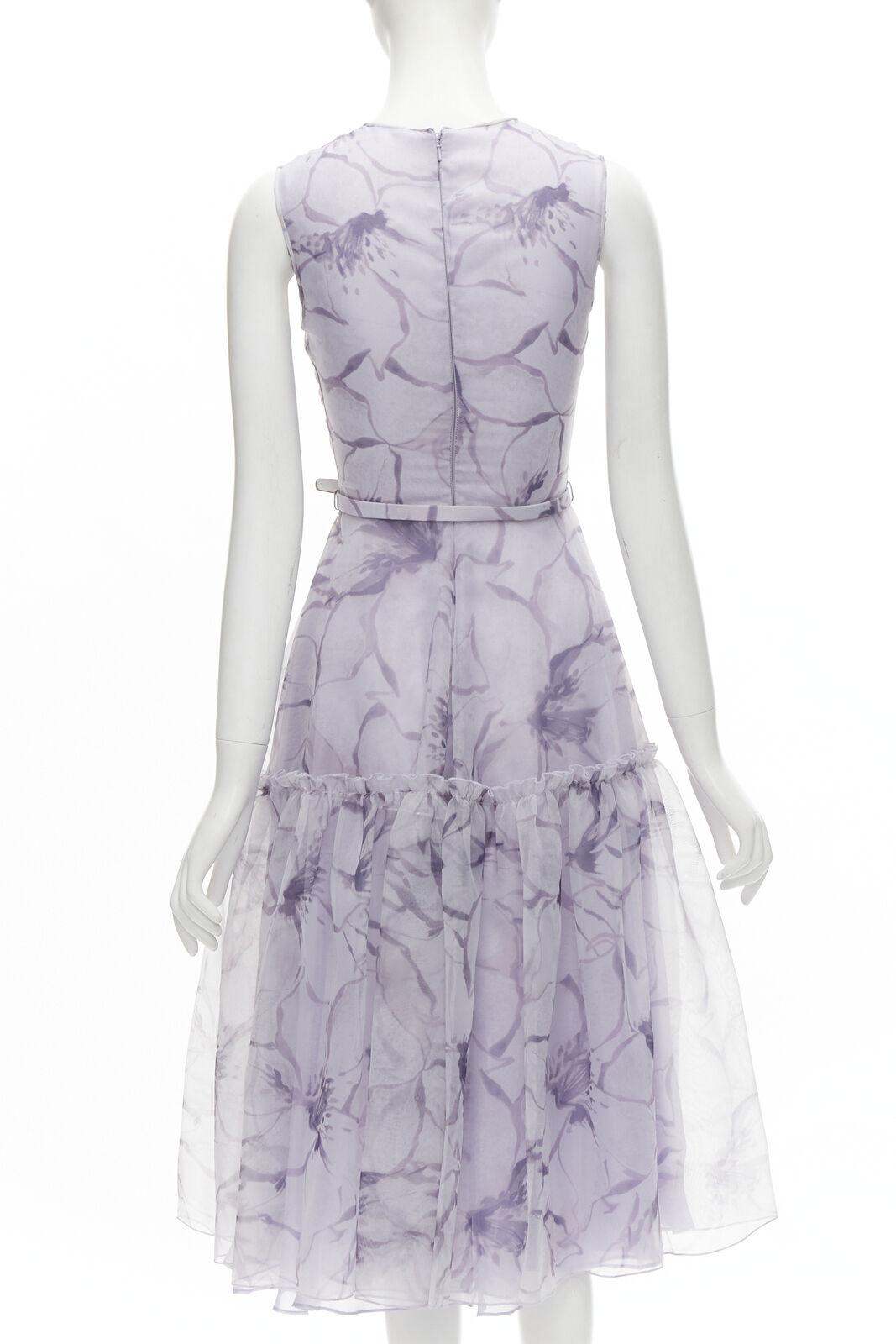 COSTARELLOS lilac purple lavender embroidery belted midi dress FR34 XS In Excellent Condition For Sale In Hong Kong, NT