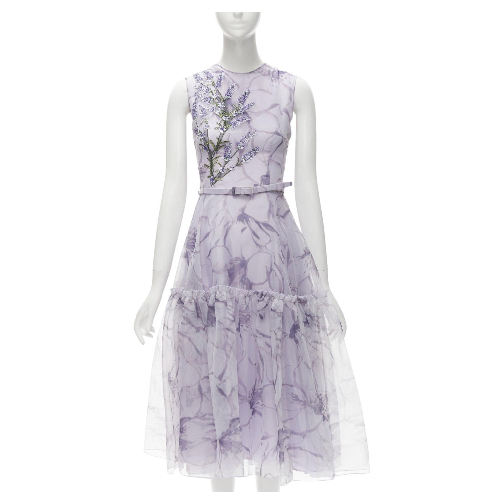 COSTARELLOS lilac purple lavender embroidery belted midi dress FR34 XS