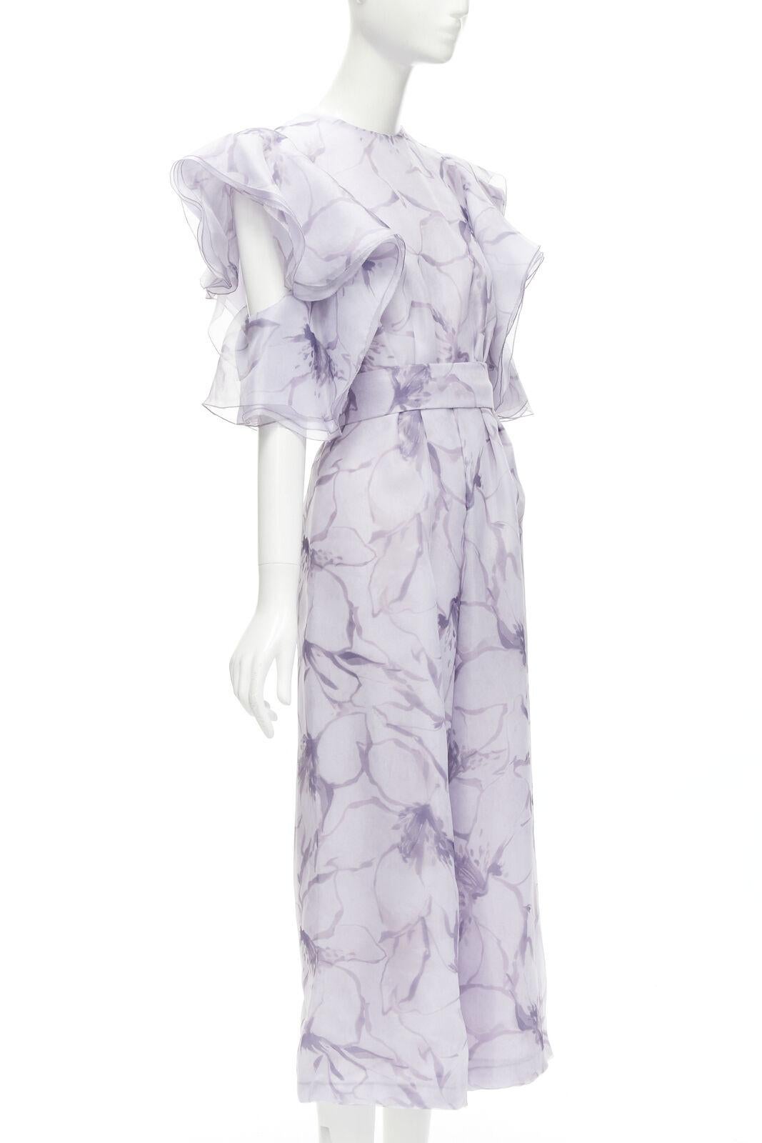 Gray COSTARELLOS purple floral ruffled butterfly sleeves belted jumpsuit FR34 XS For Sale