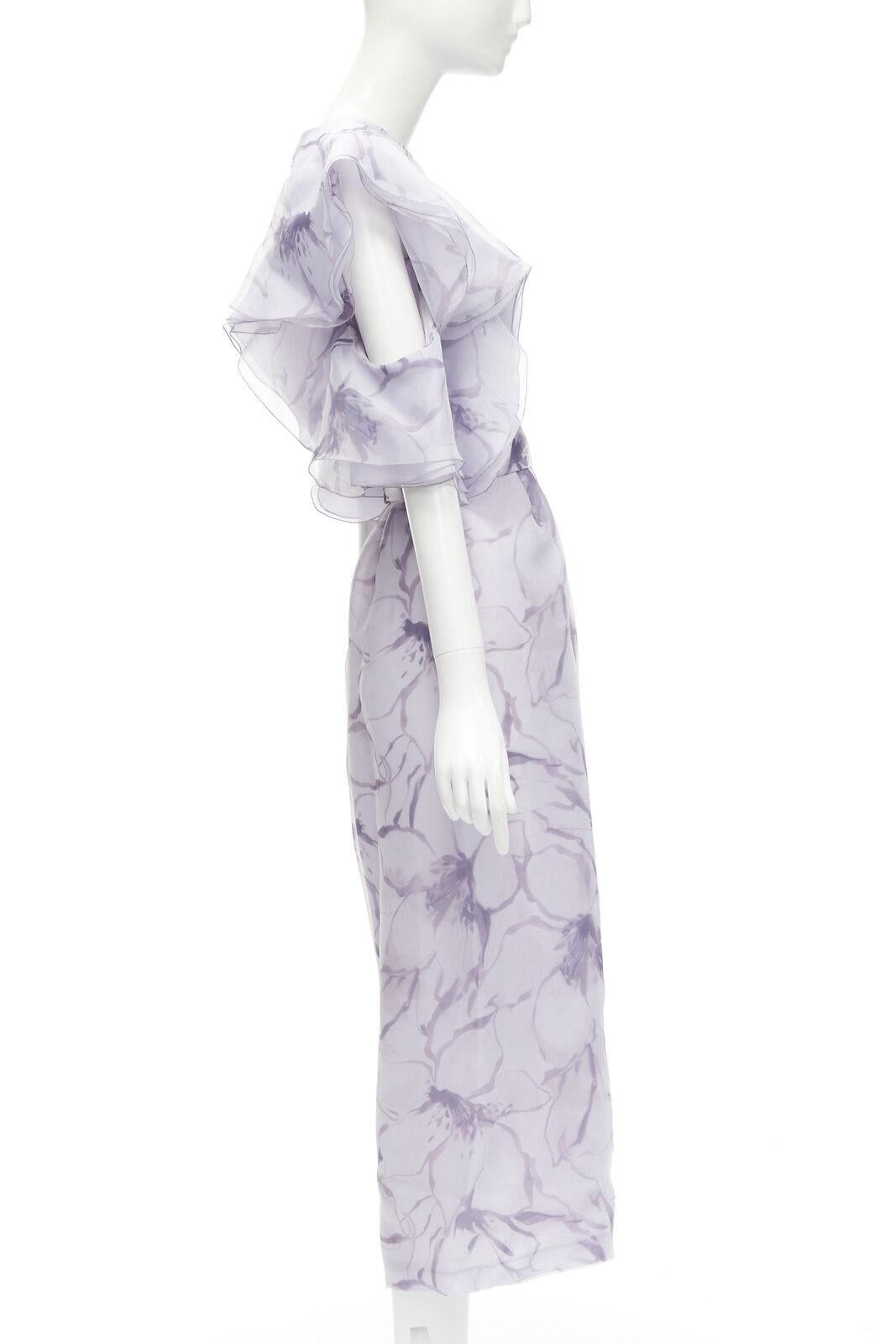 COSTARELLOS purple floral ruffled butterfly sleeves belted jumpsuit FR34 XS In Excellent Condition For Sale In Hong Kong, NT
