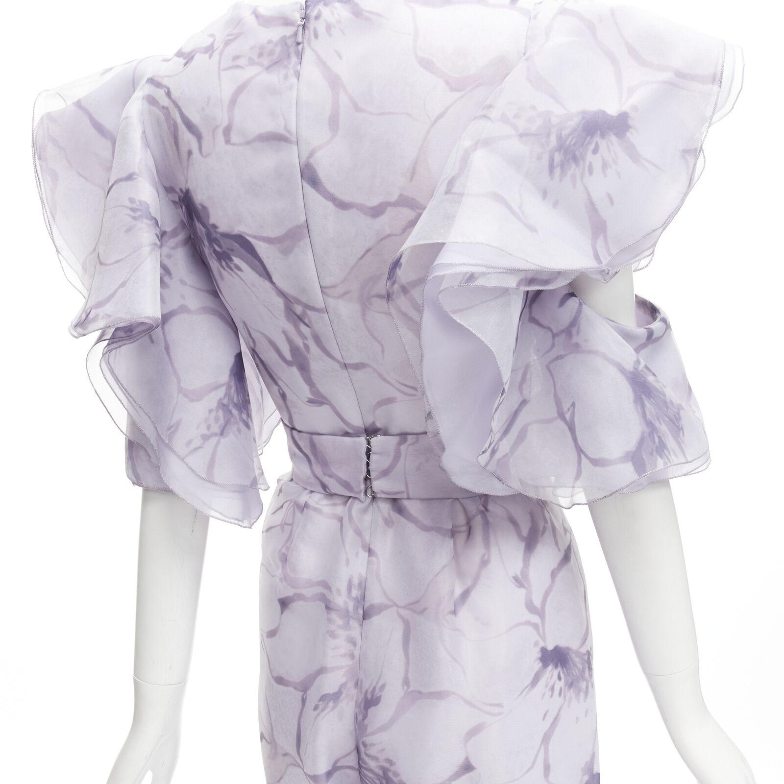 COSTARELLOS purple floral ruffled butterfly sleeves belted jumpsuit FR34 XS For Sale 2