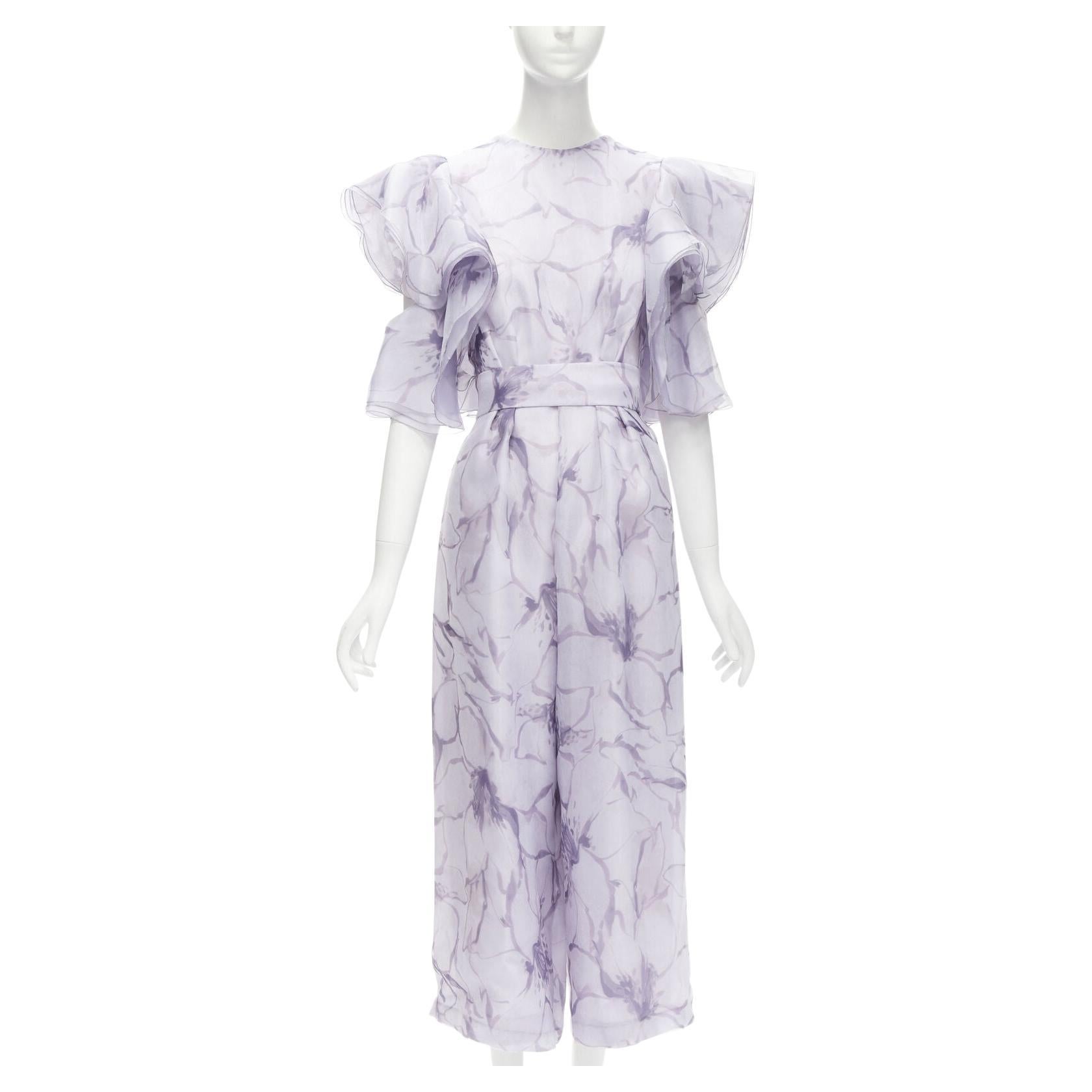 COSTARELLOS purple floral ruffled butterfly sleeves belted jumpsuit FR34 XS For Sale