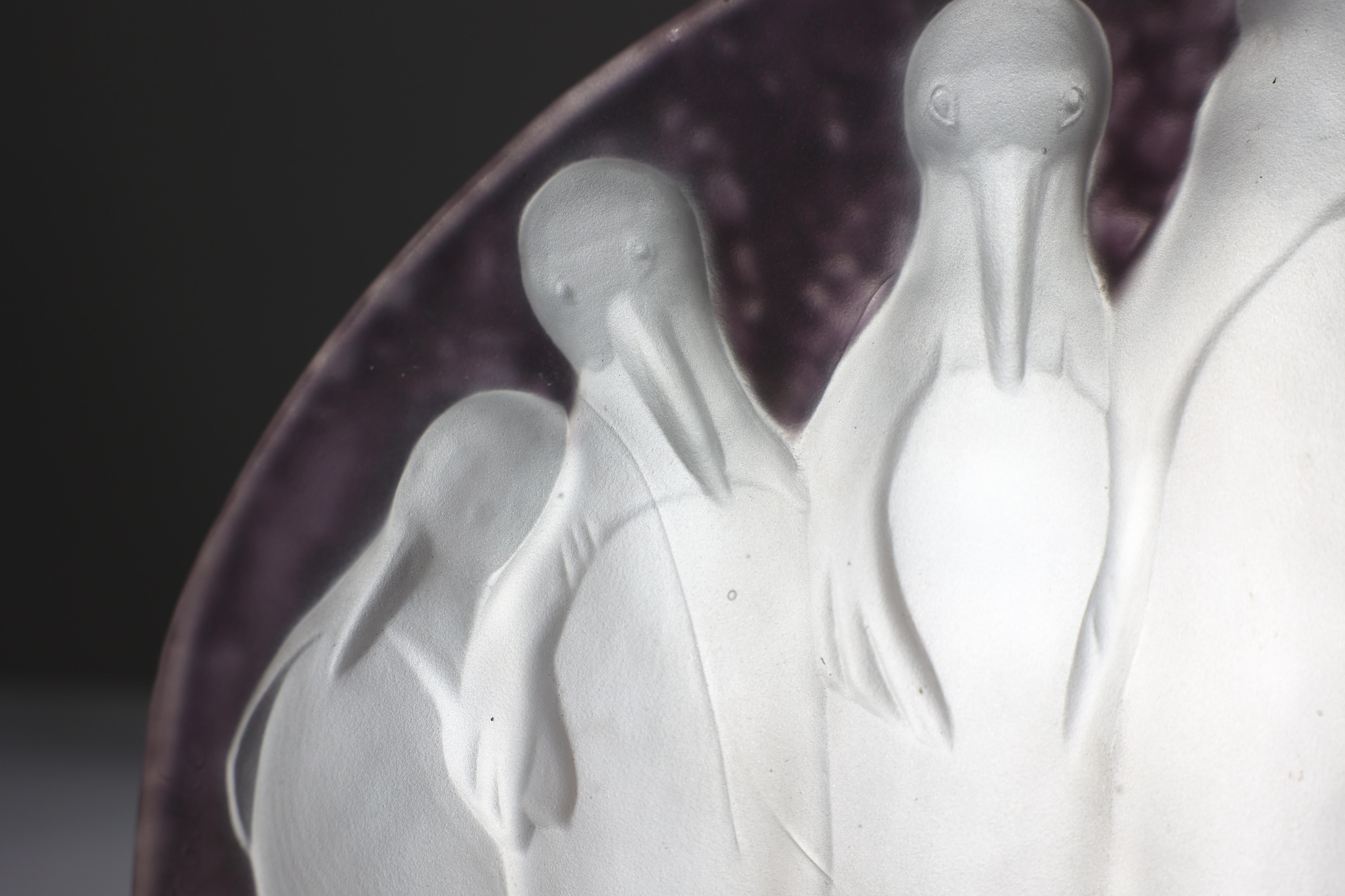 Costebelle. An Art Deco frosted opalescent half-moon glasswork with penguins 5