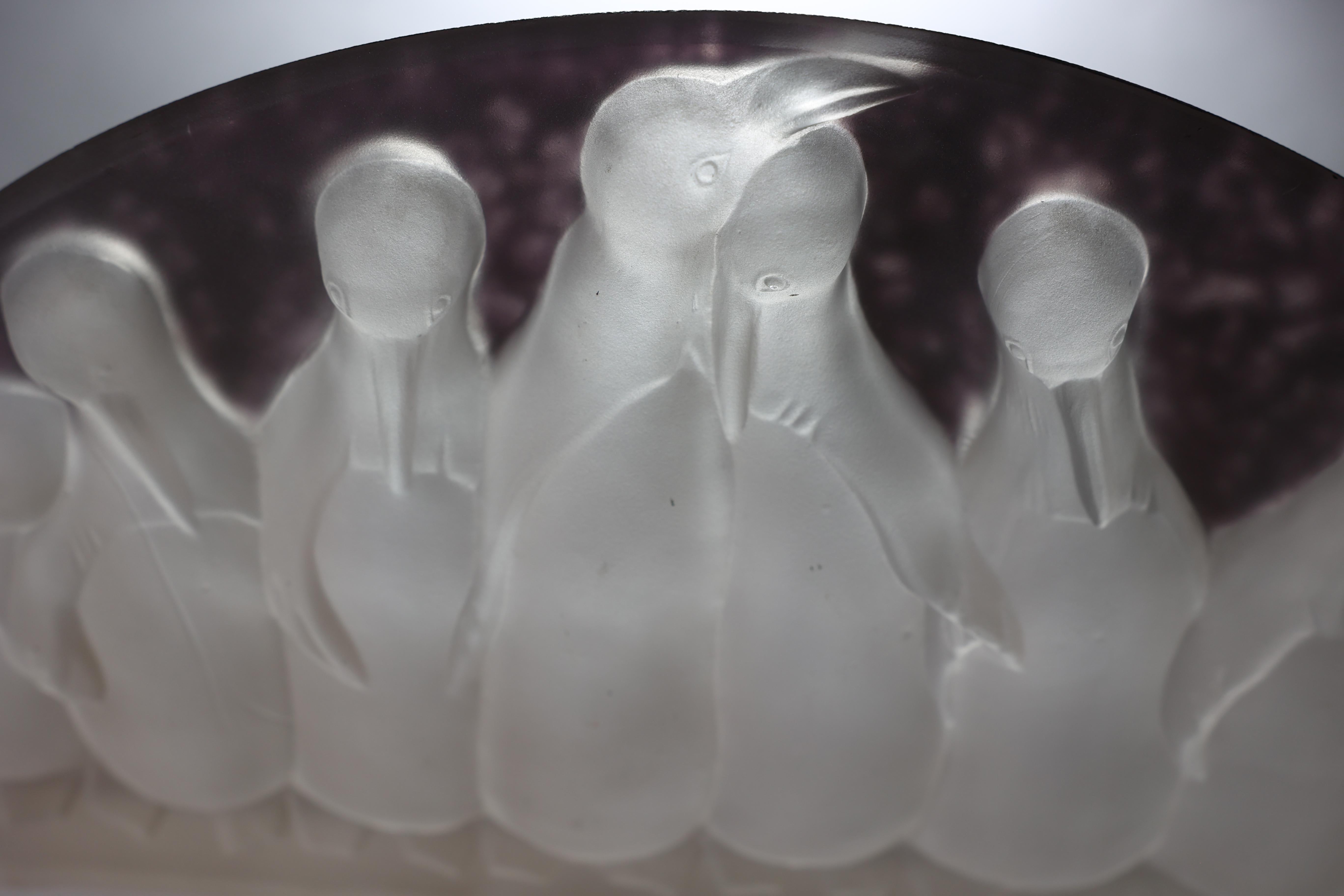 Costebelle. An Art Deco frosted opalescent half-moon glasswork with penguins In Good Condition In London, GB