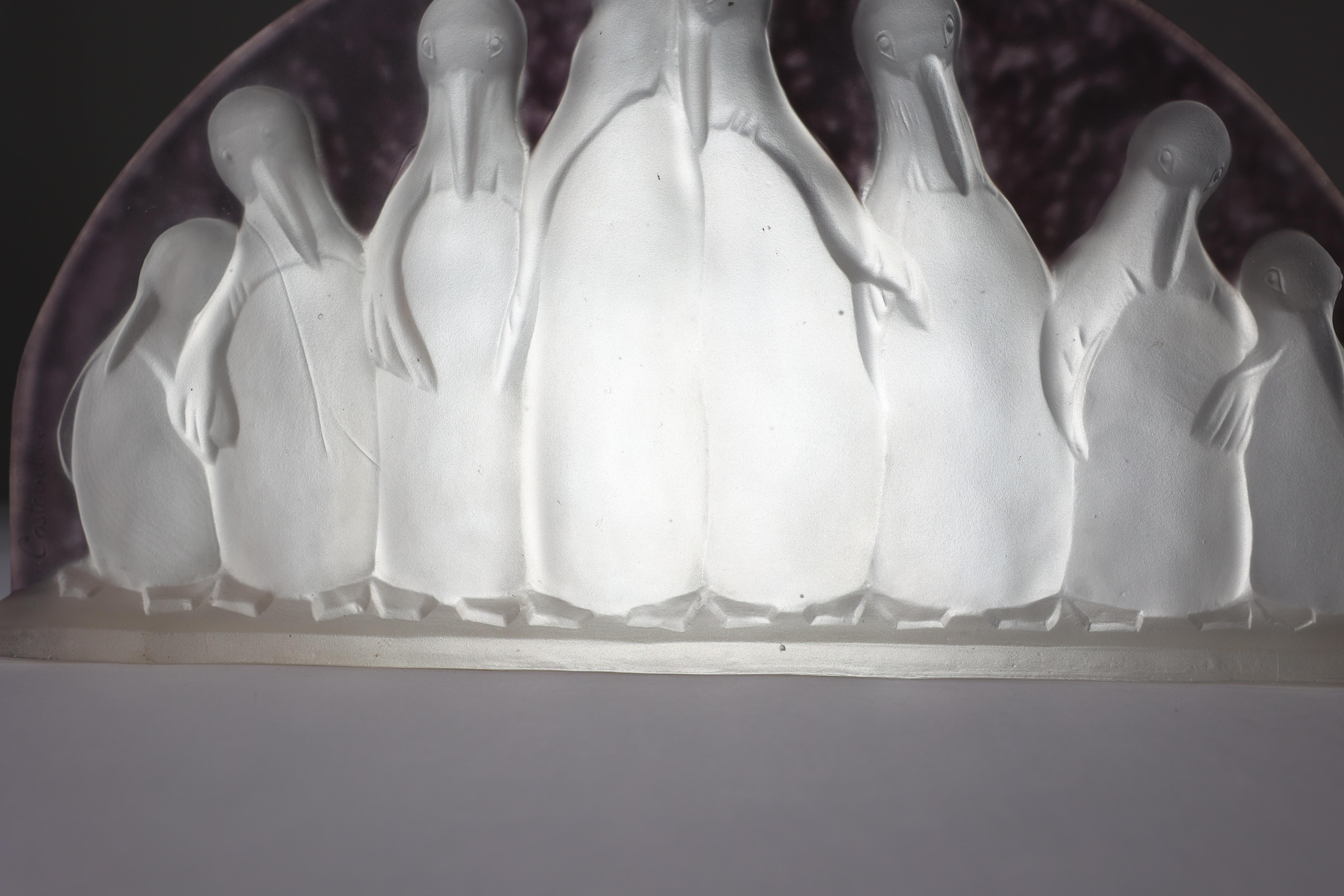 Costebelle. An Art Deco frosted opalescent half-moon glasswork with penguins 6