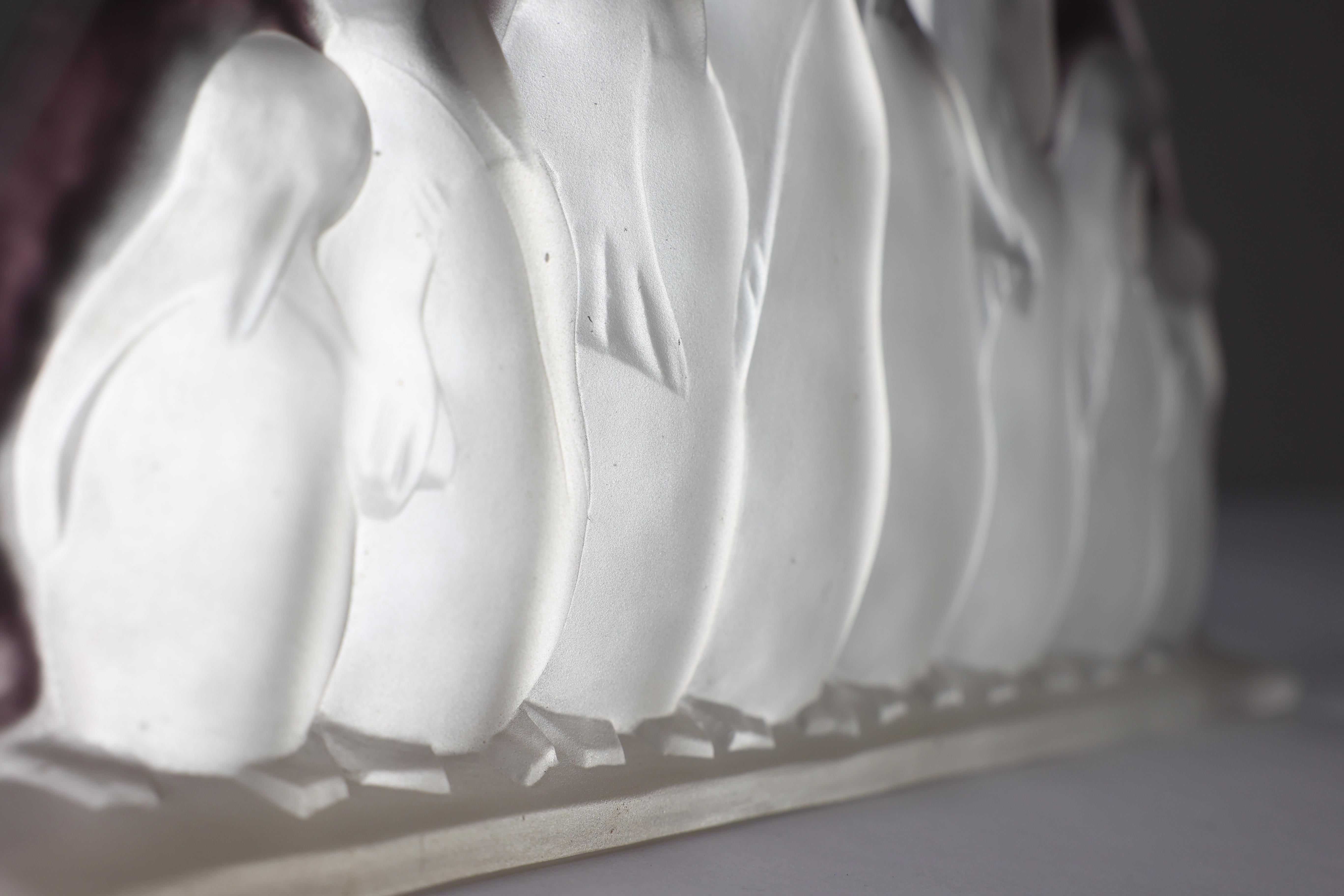 Costebelle. An Art Deco frosted opalescent half-moon glasswork with penguins 7
