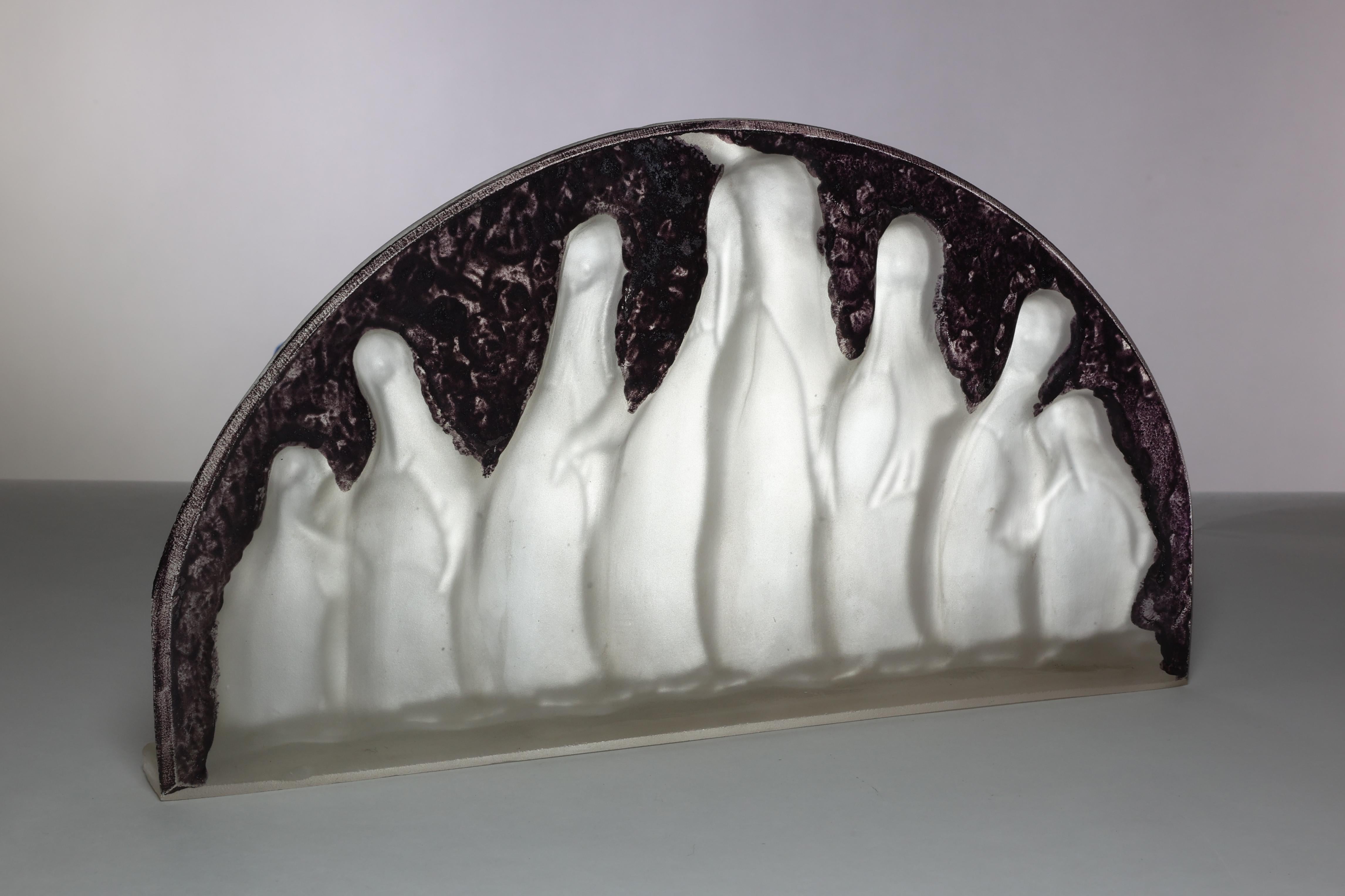 Costebelle. An Art Deco frosted opalescent half-moon glasswork with penguins 10