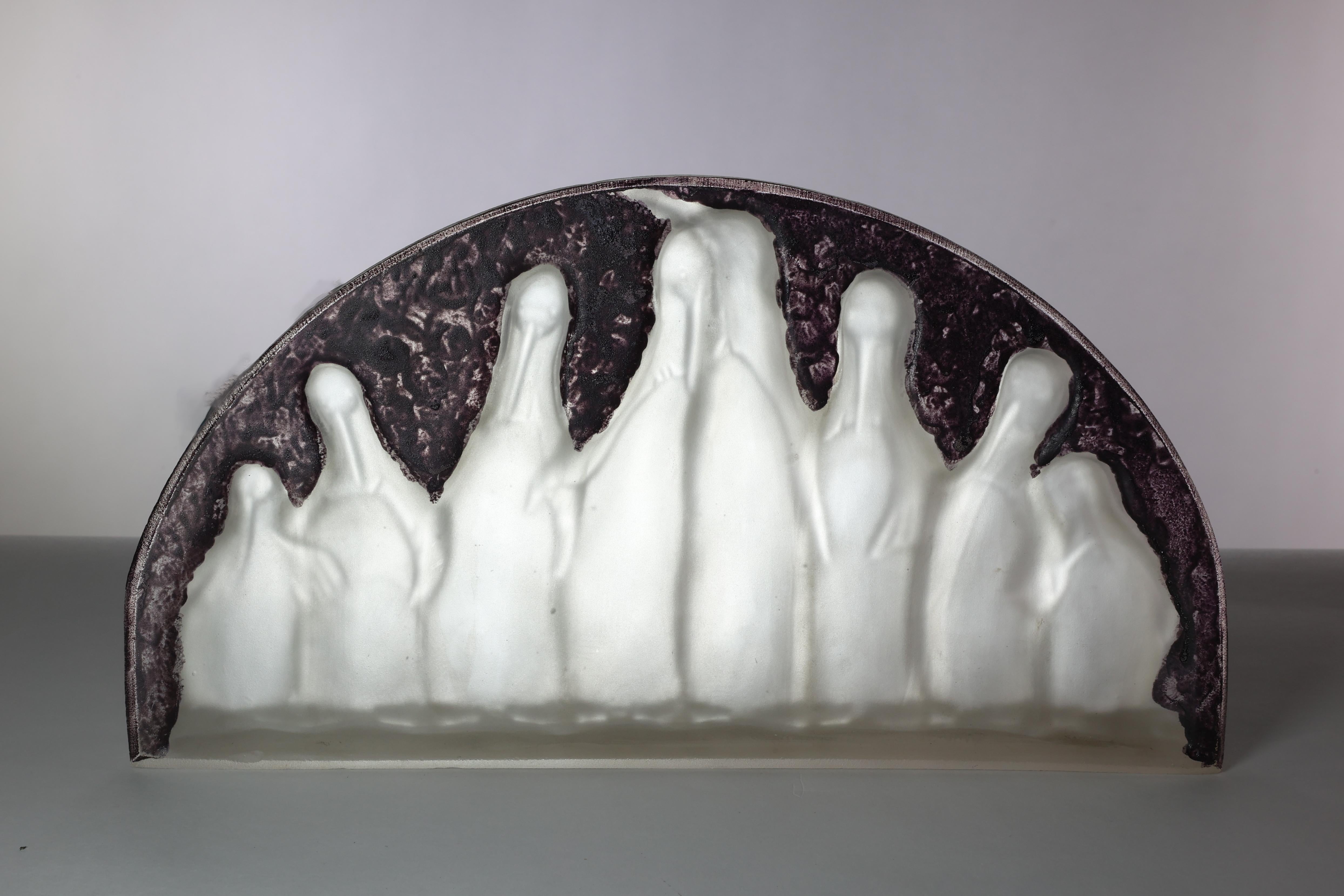 Costebelle. An Art Deco frosted opalescent half-moon glasswork with penguins 9