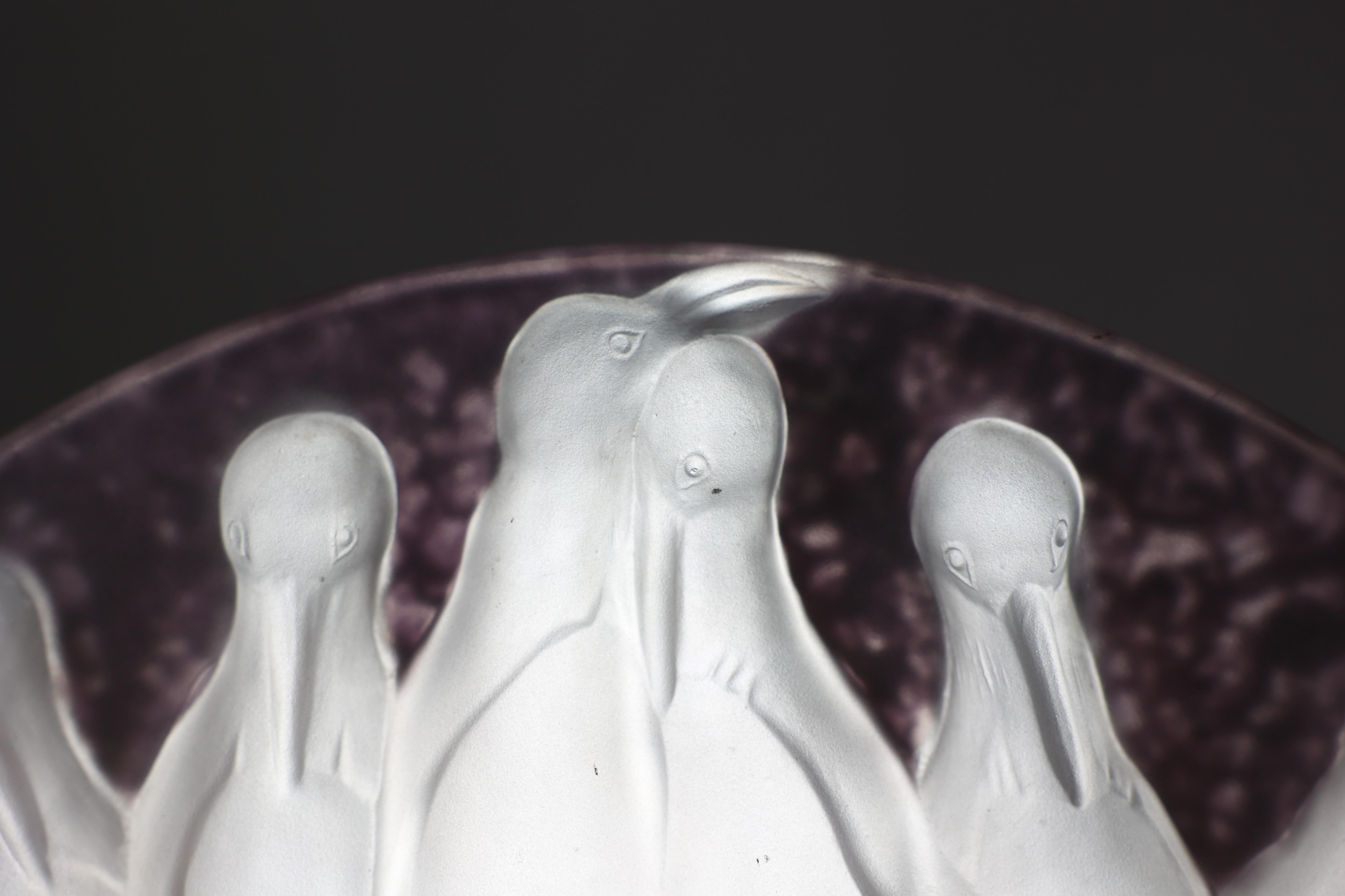 Art Glass Costebelle. An Art Deco frosted opalescent half-moon glasswork with penguins