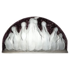 Vintage Costebelle. An Art Deco frosted opalescent half-moon glasswork with penguins