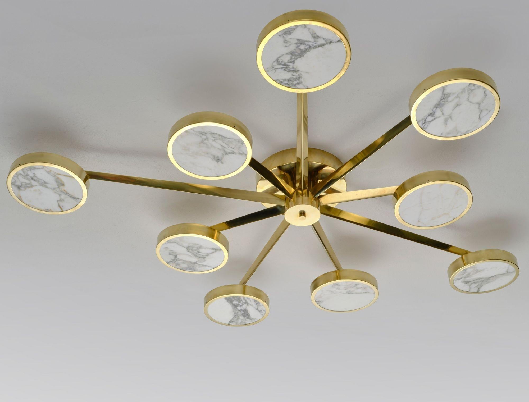 Brass Costellazione Asymmetrical Flush Chandelier Piattelli Design 9-Shades Calacatta For Sale