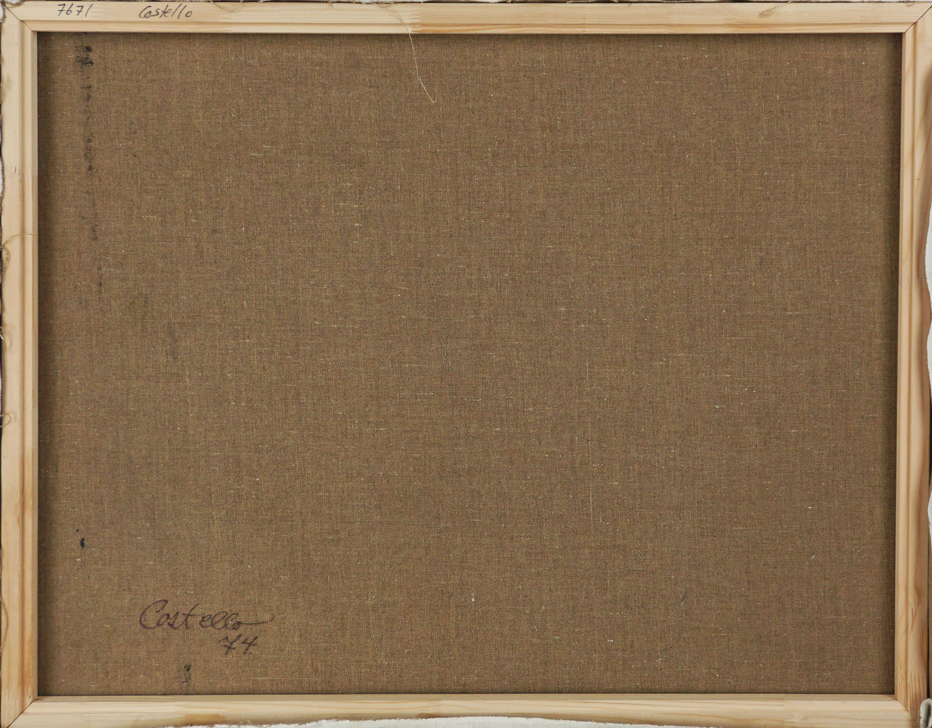 Vibrante dipinto a olio modernista di un faro astratto di Costello (americano, XX secolo), circa 1970. Acquistato come parte di una collezione. Firmato e datato sul verso. Senza cornice. Immagine, 28