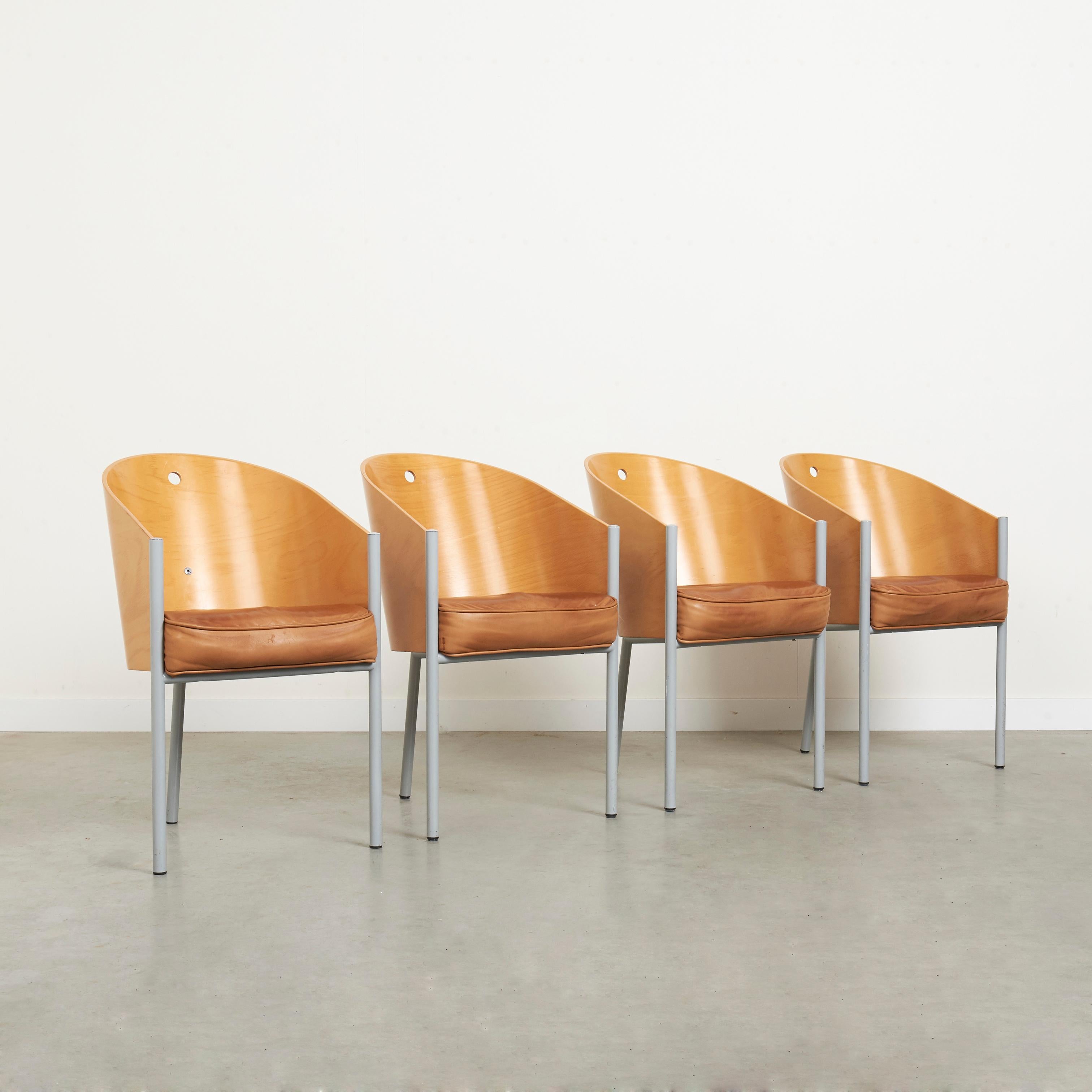 Set of four Costes dining chairs by Philip Starck for Driade, Italy 1980s.
Steel frames with plywood shell and cognac leather upholstery.
All in good condition. Familiar minor damages at armrests (see picture).