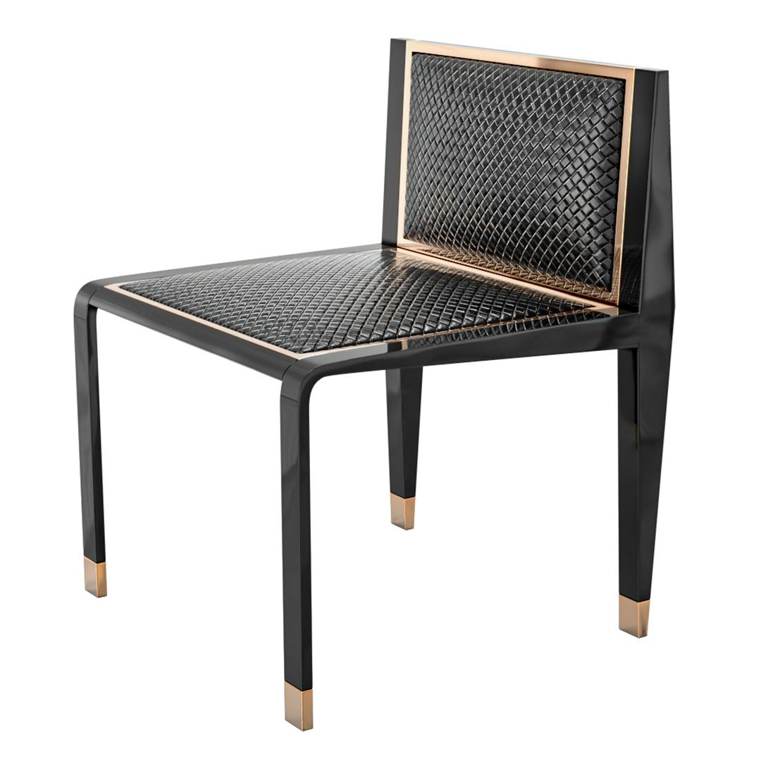 „Costiera“-Stuhl, achtteilig, Bronzedetails, maßgeschneidertes gewebtes Leder (Metall) im Angebot