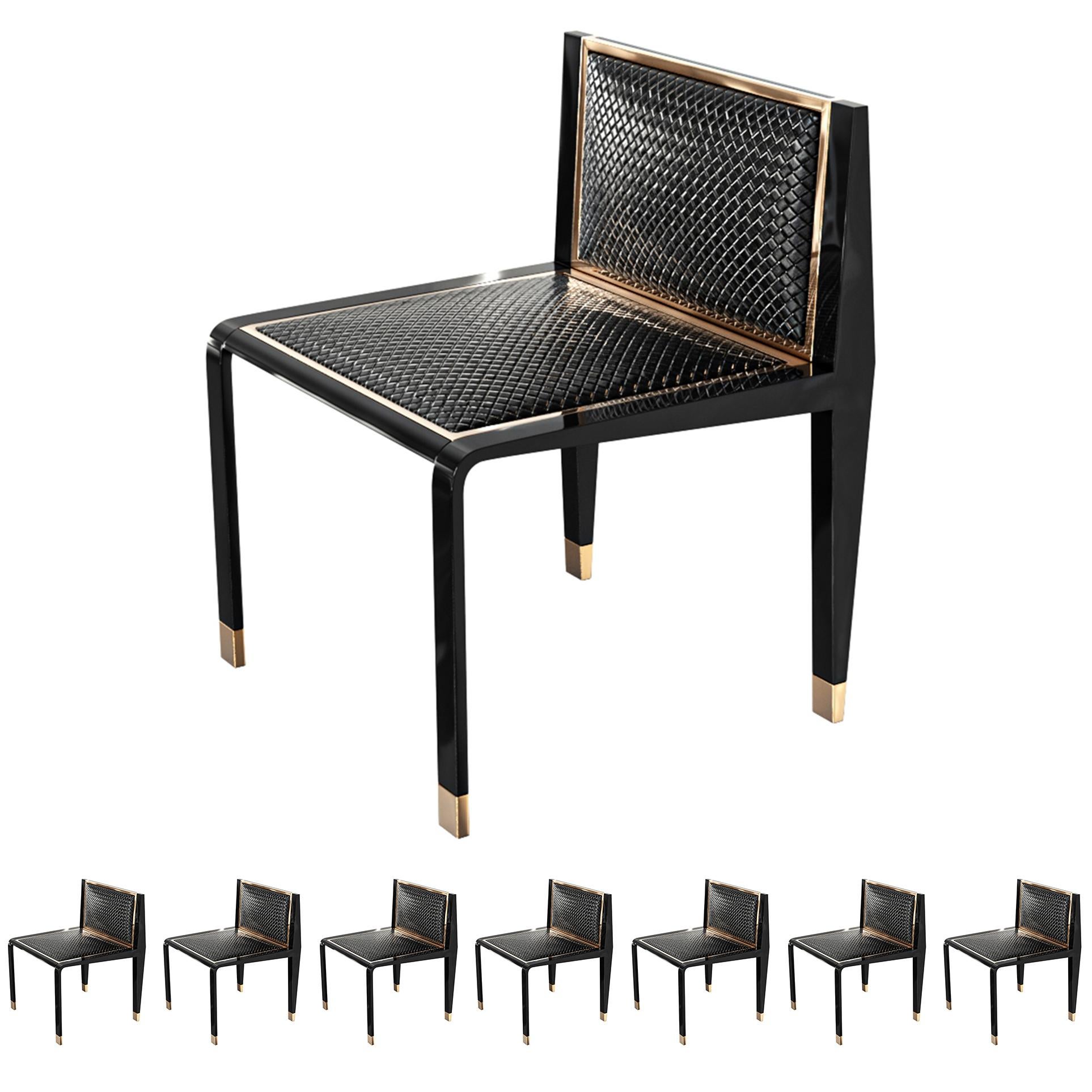 „Costiera“-Stuhl, achtteilig, Bronzedetails, maßgeschneidertes gewebtes Leder