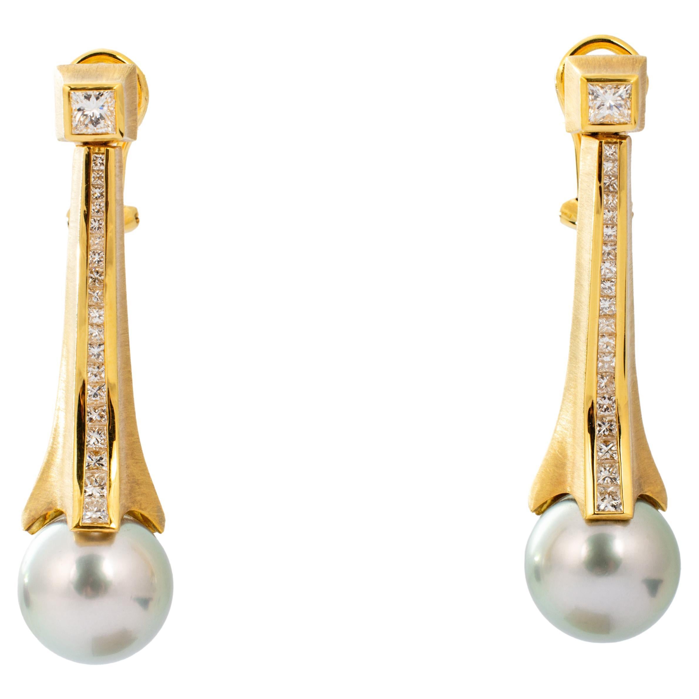 "Costis" Eiffel Earrings, 12.50mm Gray South Sea Pearls, and 1.73 cts Diamonds For Sale