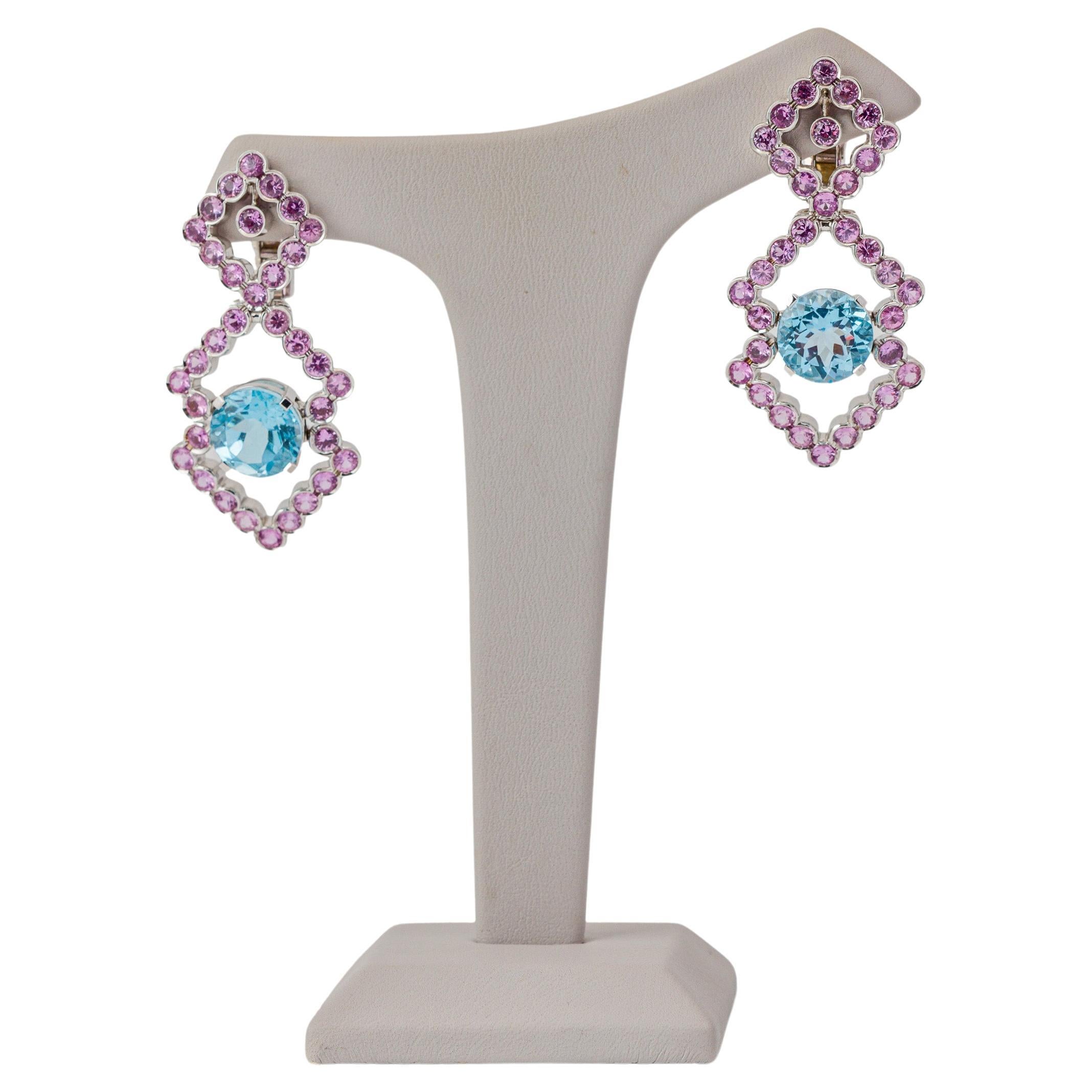 "Costis" Frame In Motion Earrings with 15.56 cts Blue Topazes and Pink Sapphires For Sale