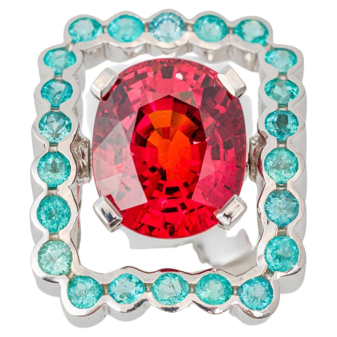 "Costis" Frame In Motion Ring with 14.53 carats Spessartite Garnet and Paraibas For Sale