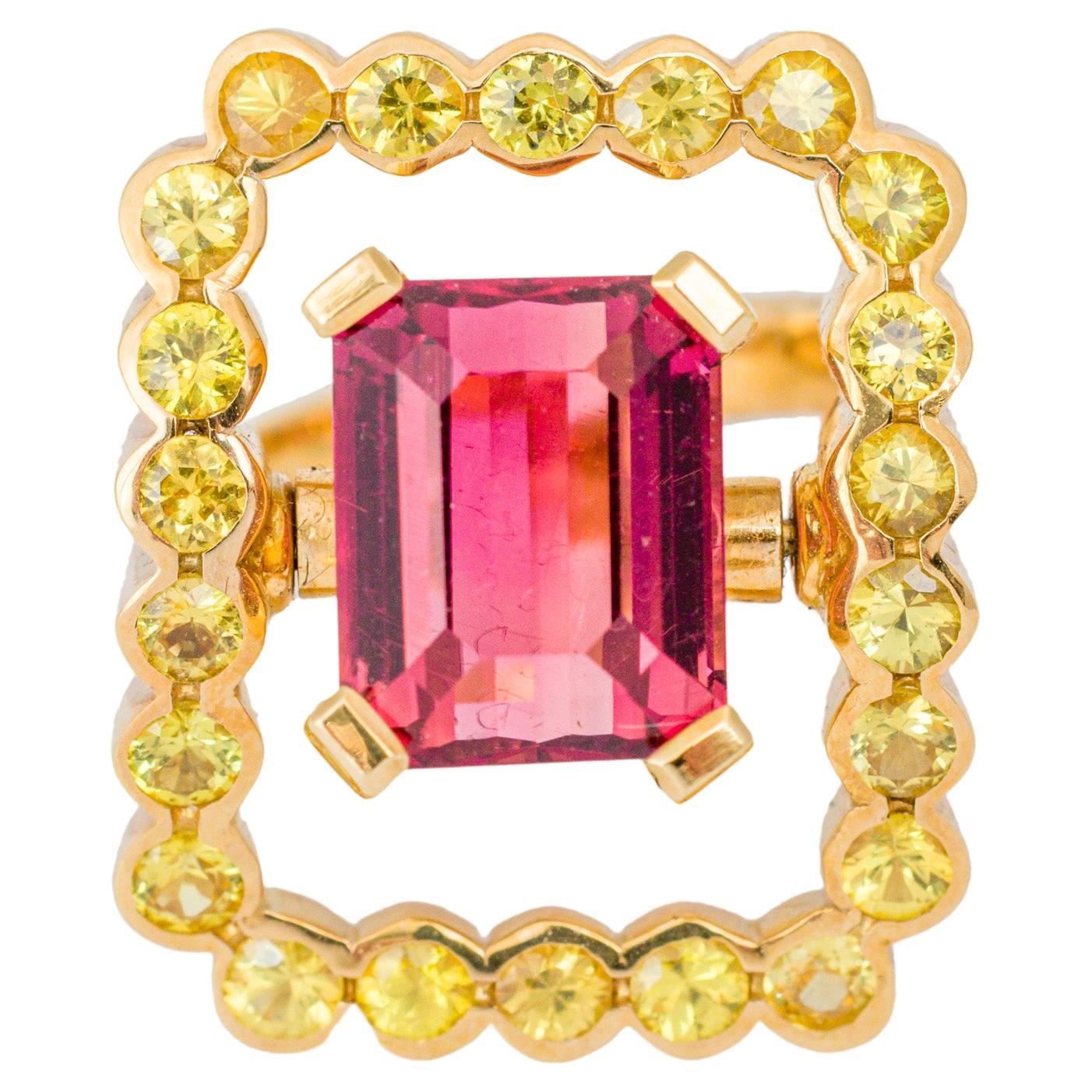 "Costis" Frame In Motion Ring with 8.22 carats Rubellite and Yellow Sapphires For Sale
