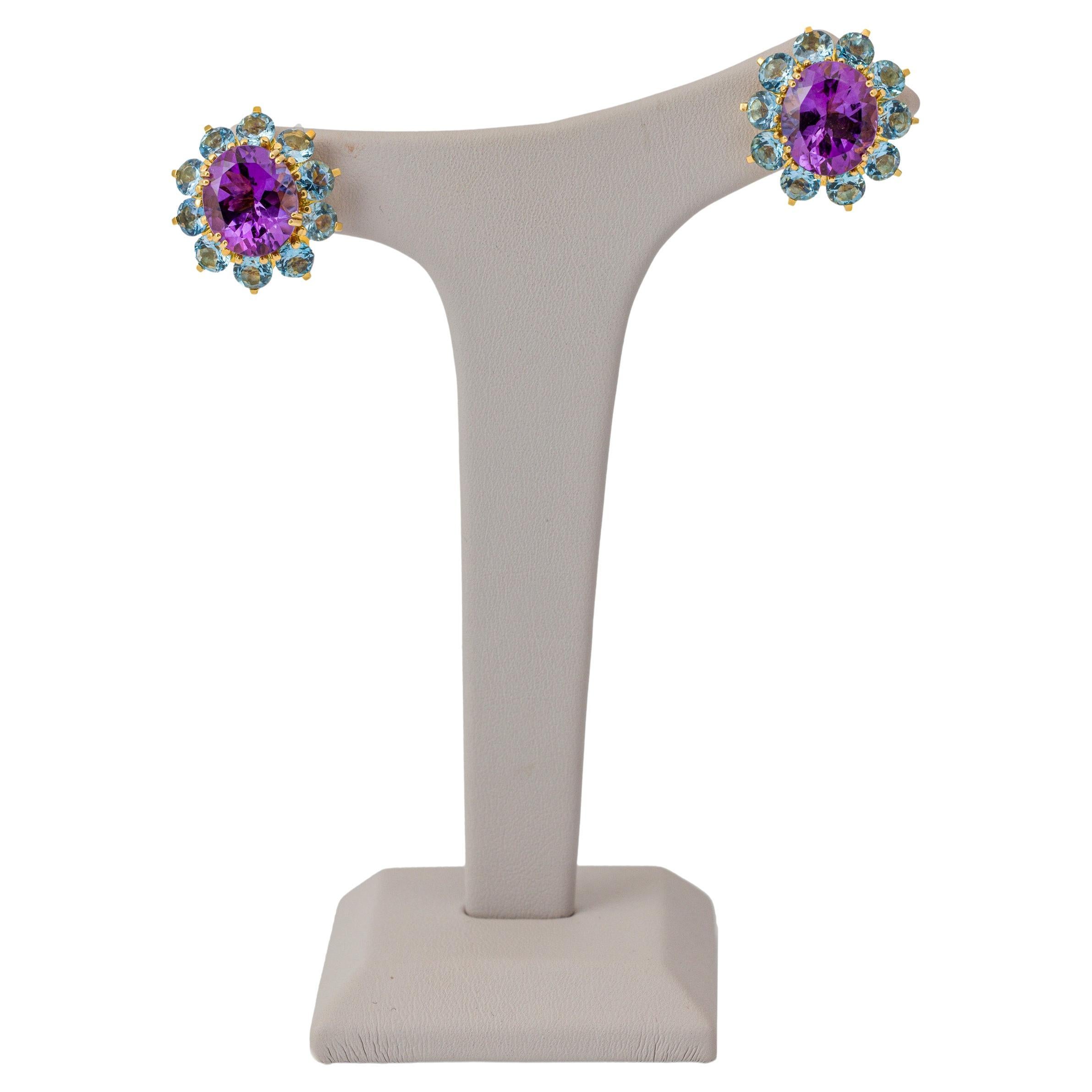"Costis" Imperial Rosette Earrings - Central Amethysts, Aquamarines in 18K Gold For Sale