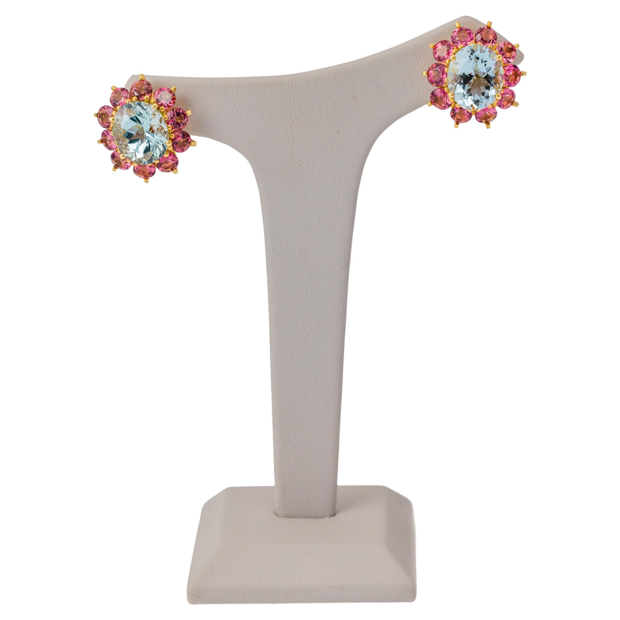"Costis" Imperial Rosette Earrings - Central Aquamarines, Rubellites in 18K Gold For Sale