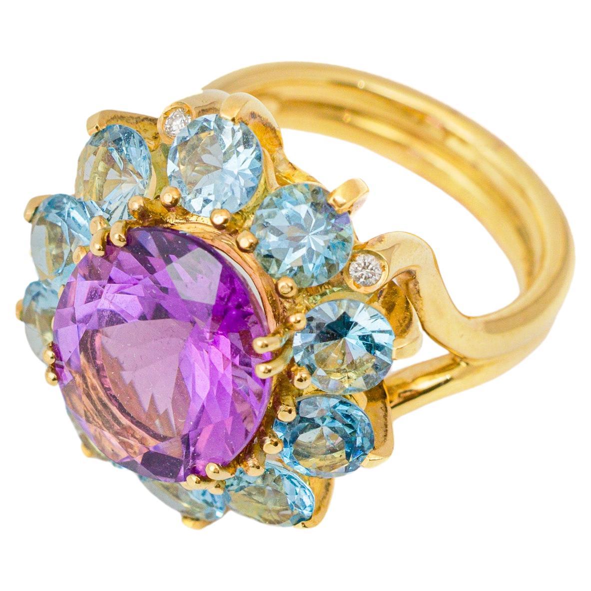"Costis" Imperial Rosette Ring - Central Amethyst with Aquamarines in 18K Gold For Sale