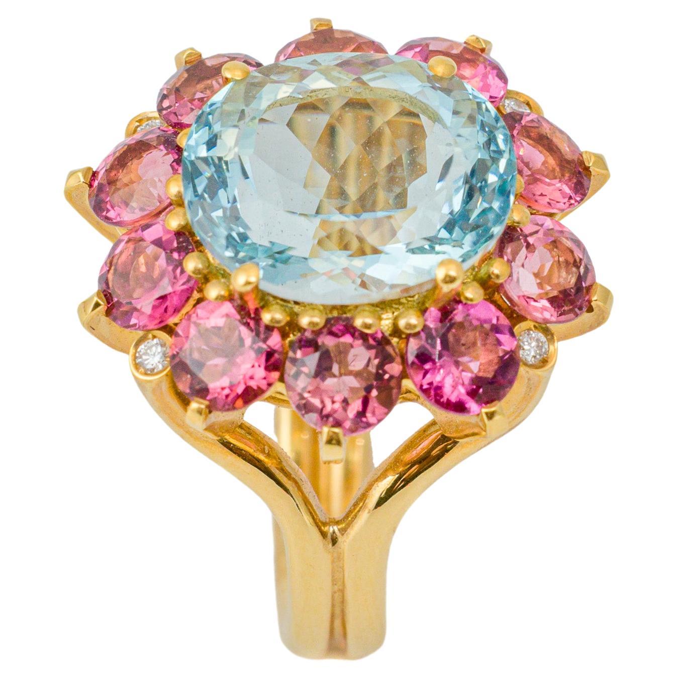 "Costis" Imperial Rosette Ring - Central Aquamarine with Rubellites in 18K Gold For Sale