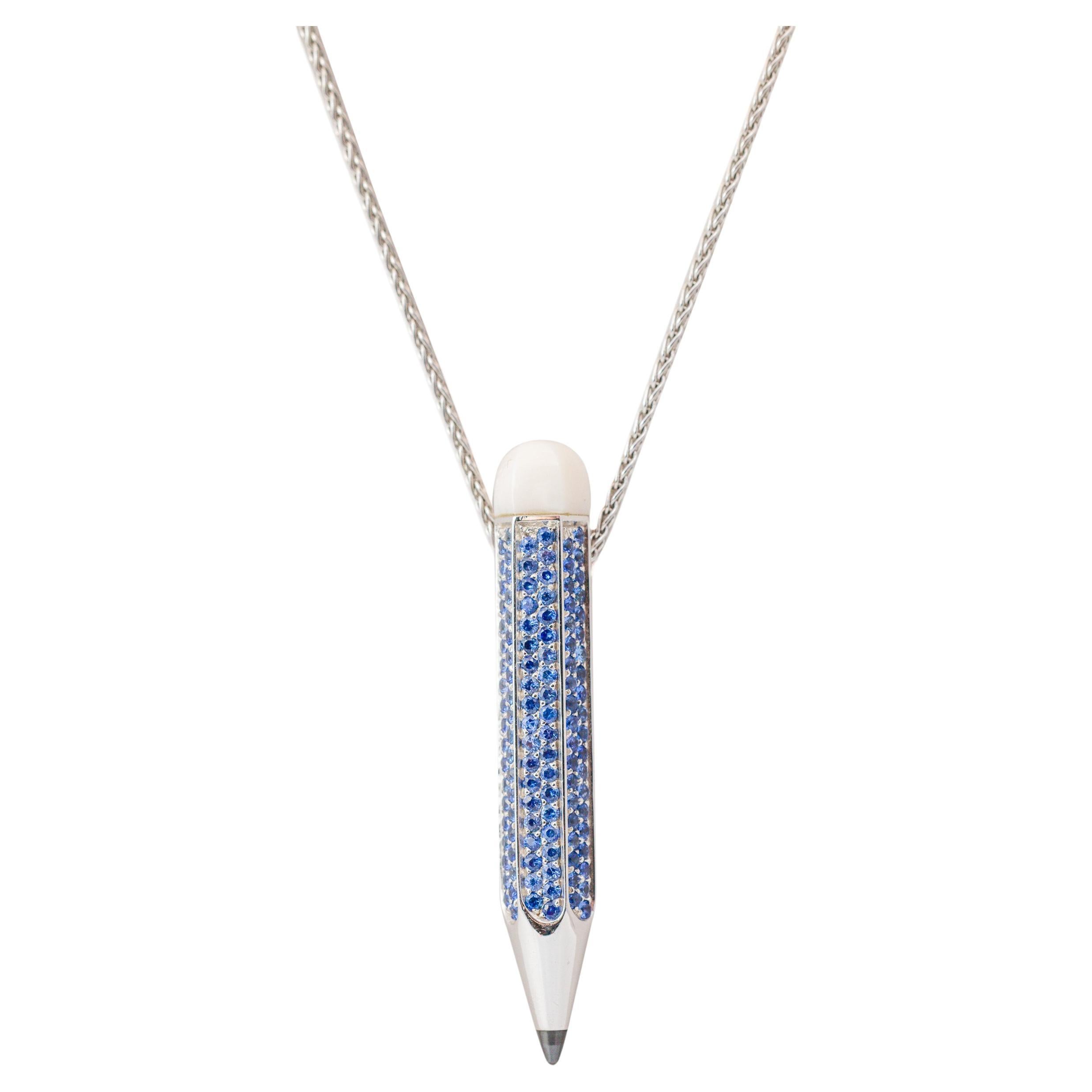 "Costis" Pencil Pendant - Pave' 2.36 cts Blue Sapphires, Diamond Point, Coral