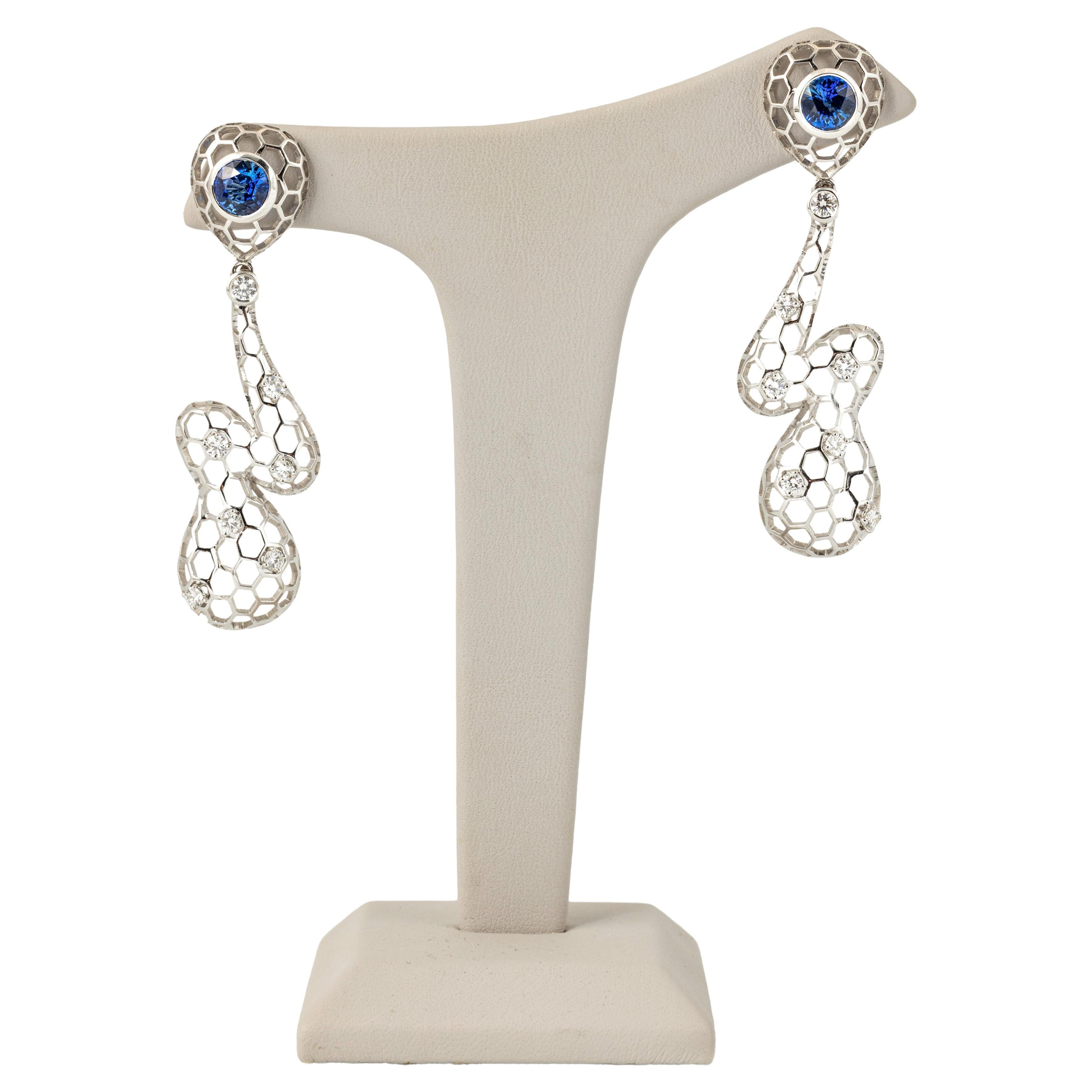 "Costis" Precious Beehive Collection Drop Earrings - Blue Sapphires 3.86 cts For Sale