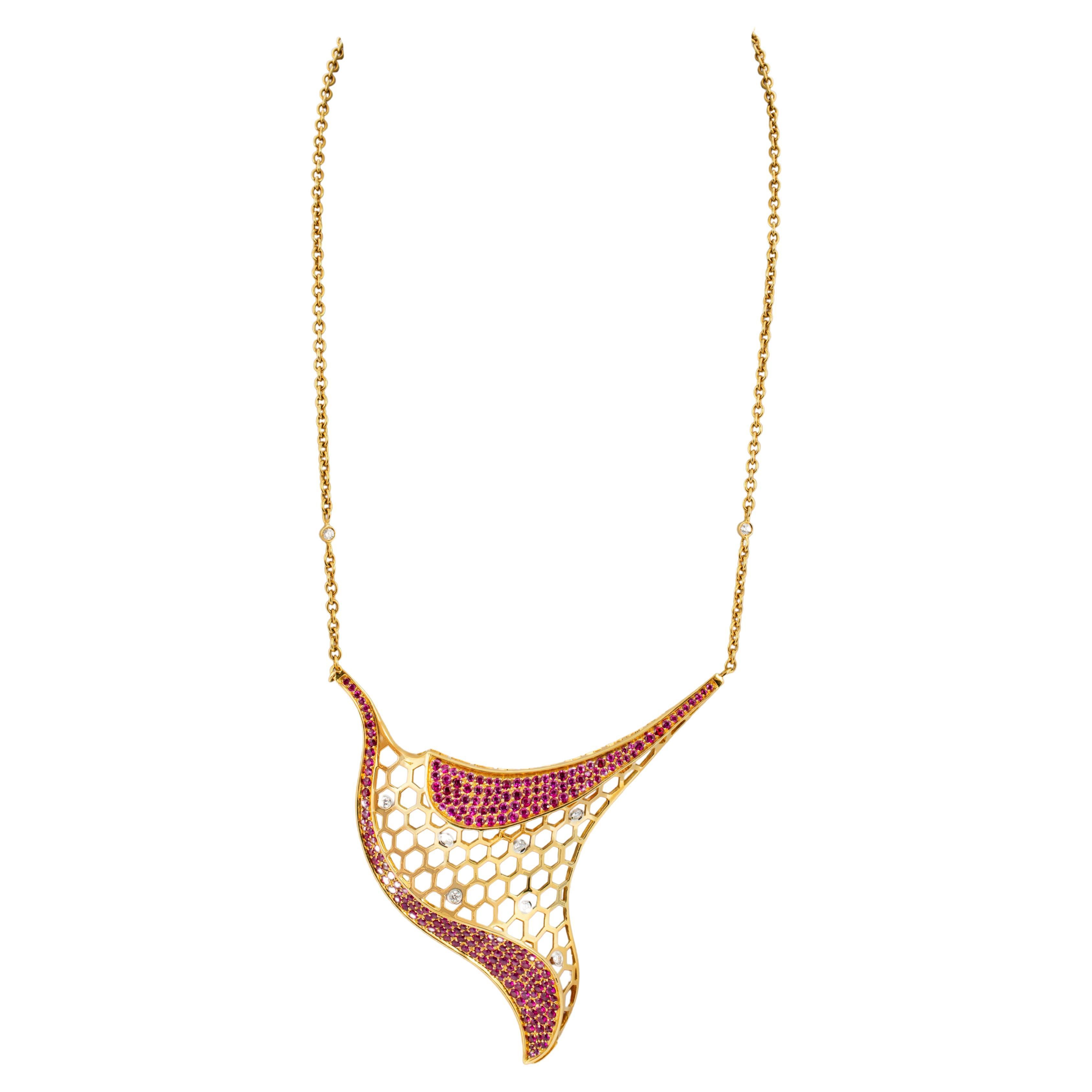 "Costis" Precious Beehive Collection Uneven Necklace - Diamonds and Burma Rubies For Sale