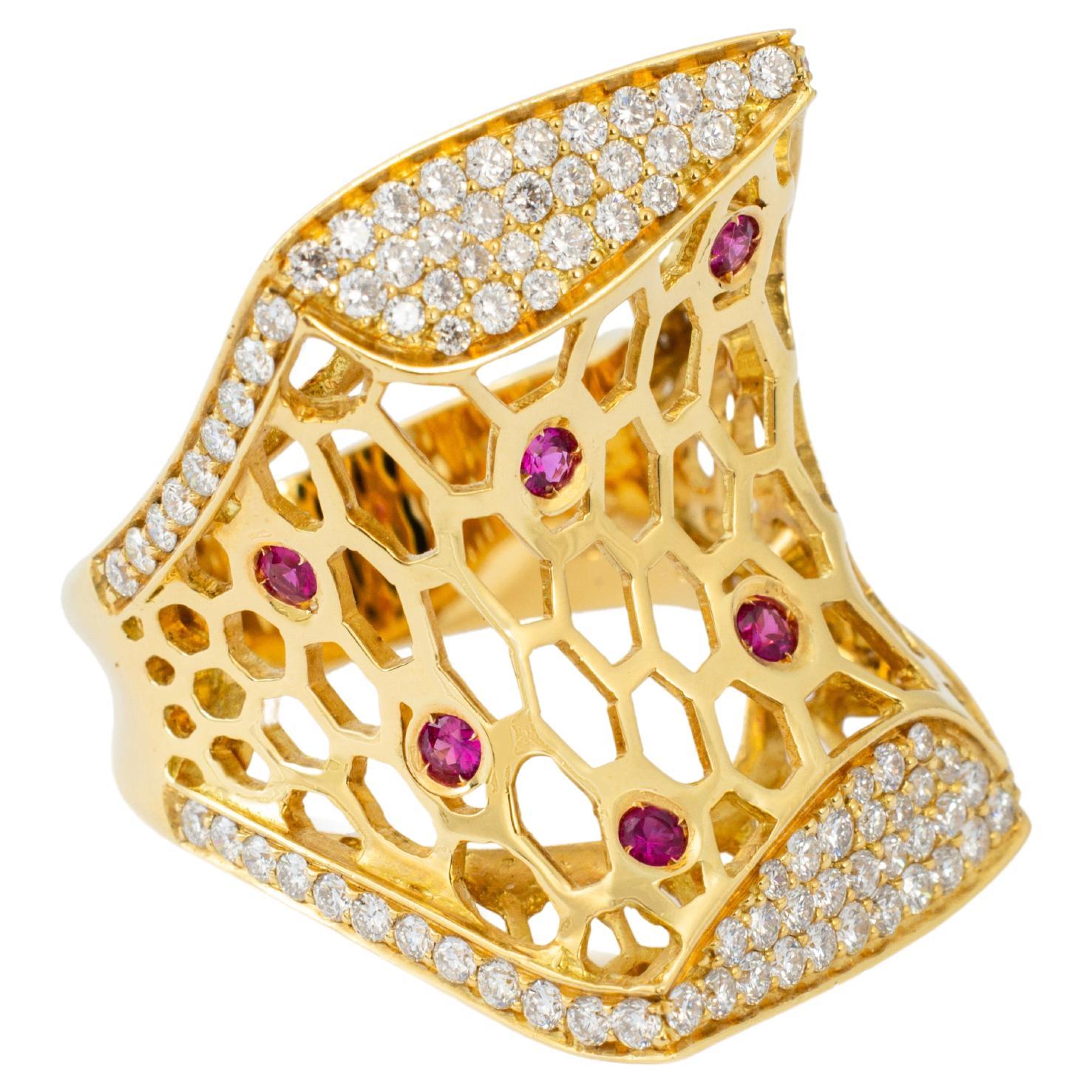 "Costis" Precious Beehive Collection Uneven Ring - Diamonds and Burma Rubies For Sale