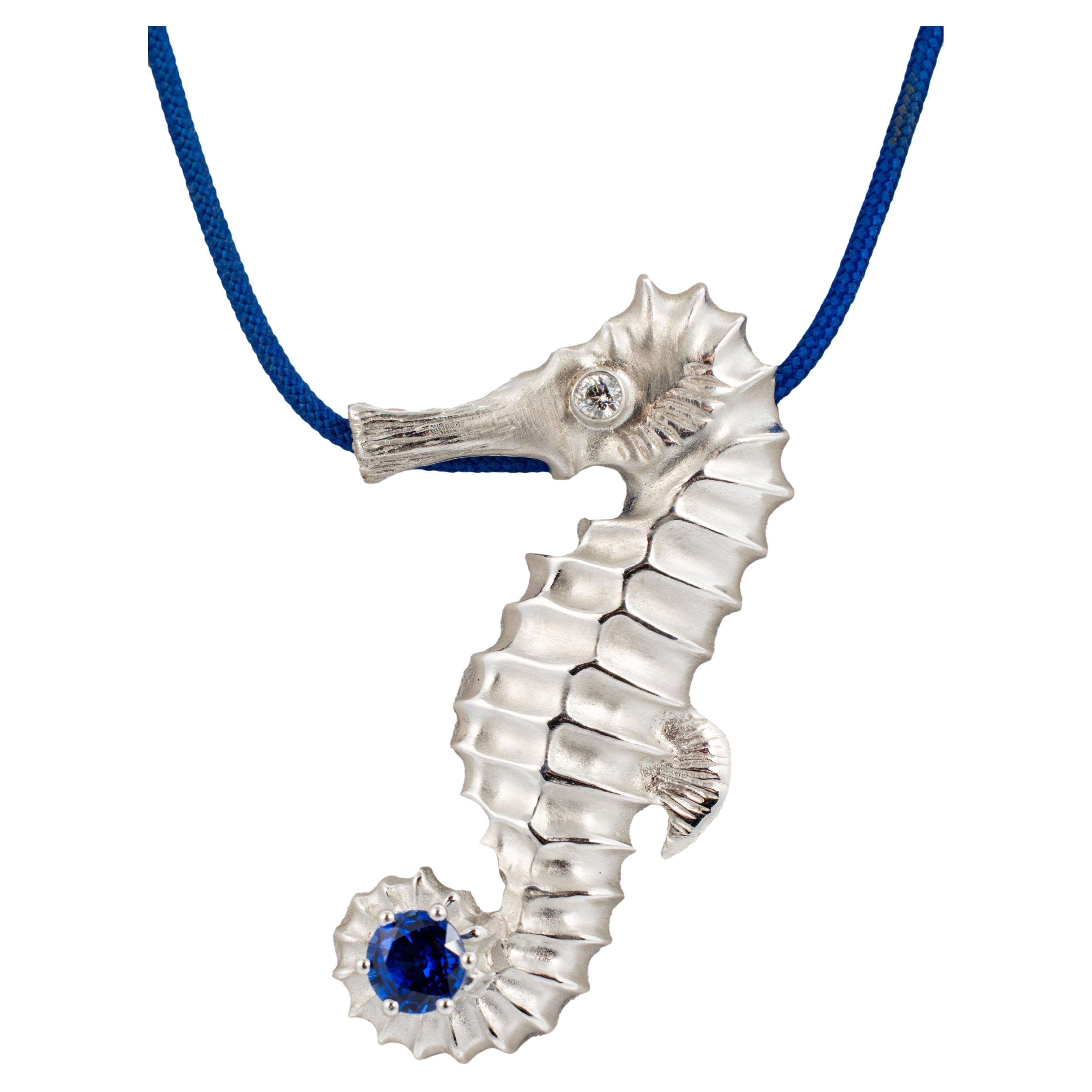 "Costis" Seahorse Necklace with 1.61 carats Blue Ceylon Sapphire and Diamond For Sale